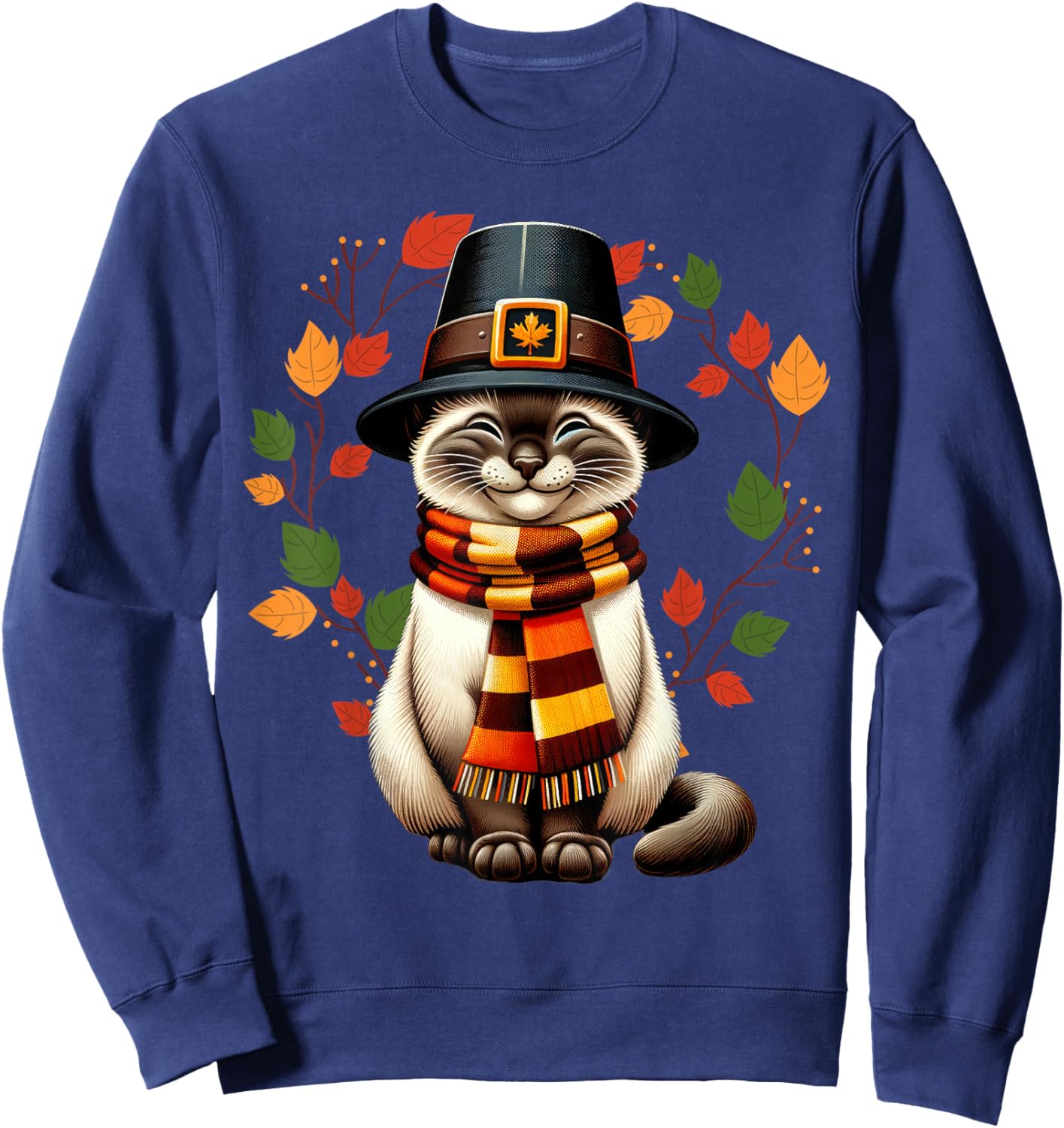 Siamese Cat Pilgrim Thanksgiving Fall Turkey, Women Girls Sweatshirt - Sweatshirt | Navy