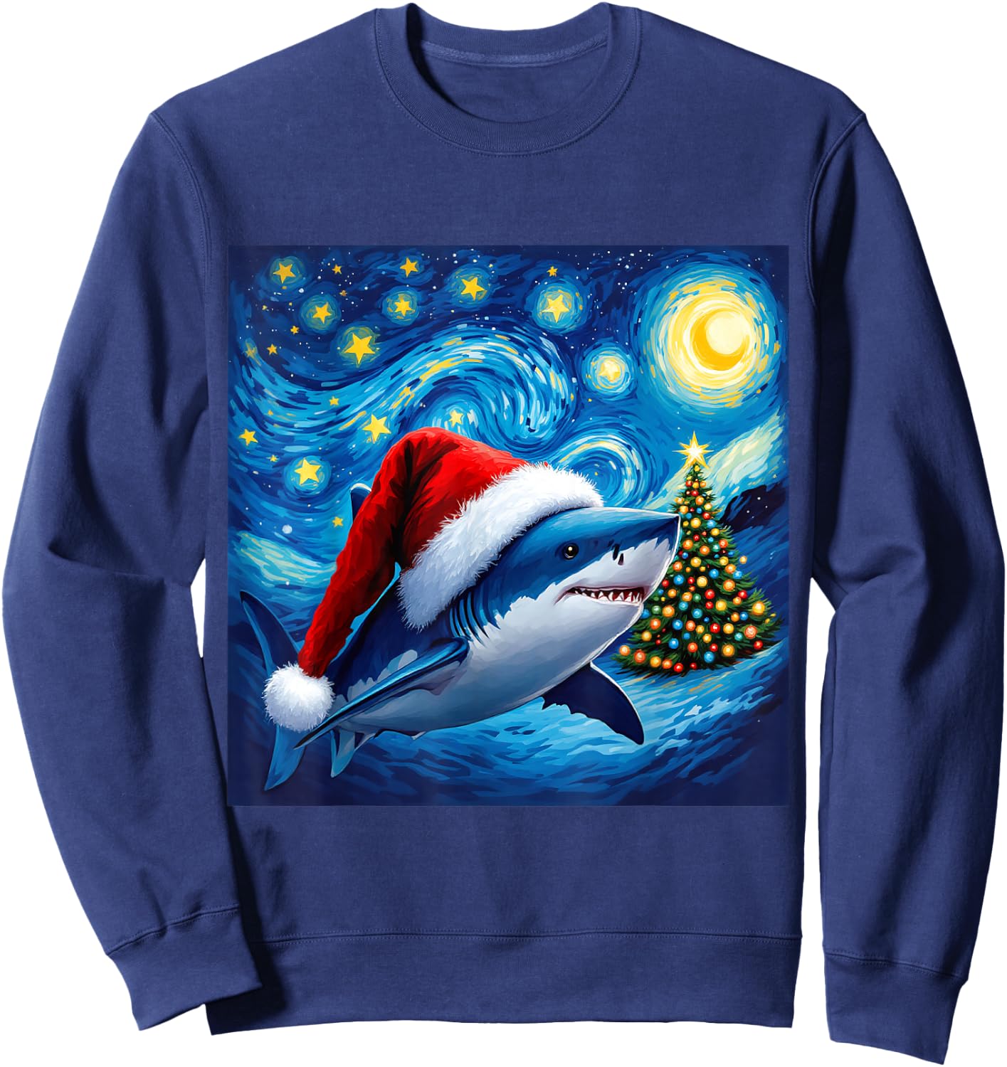 Christmas Shark Santa Hat Van Gogh Starry Night Holiday Sweatshirt - Sweatshirt | Navy