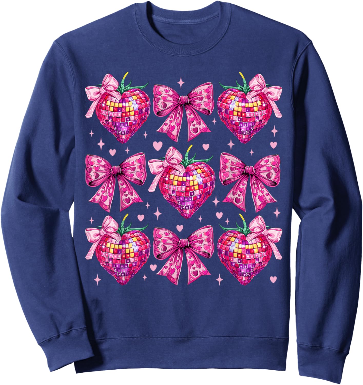 Retro Groovy Pink Coquette Bow Strawberry Valentine Heart Sweatshirt - Sweatshirt | Navy