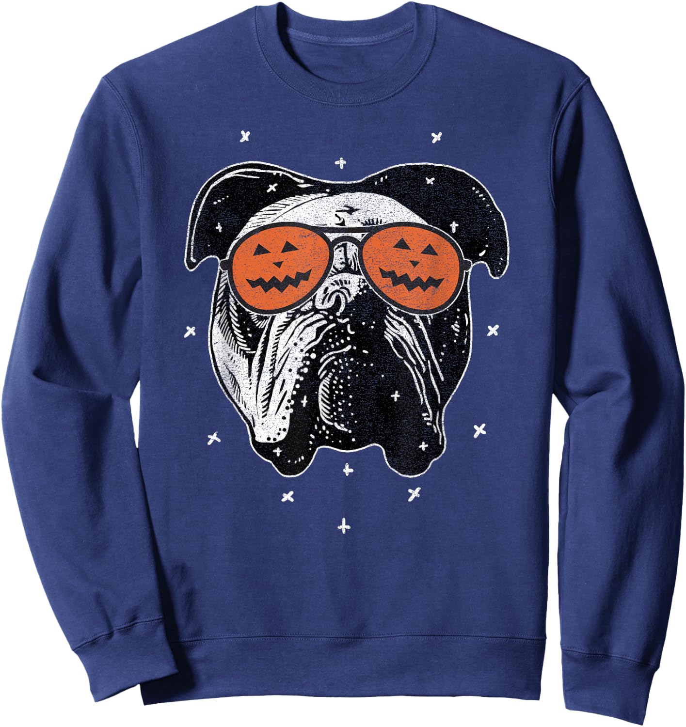 English Dog Wearing Pumpkin Sunglasses | Halloween Bulldog Women Kids Sweatshirt - Sweatshirt | Navy