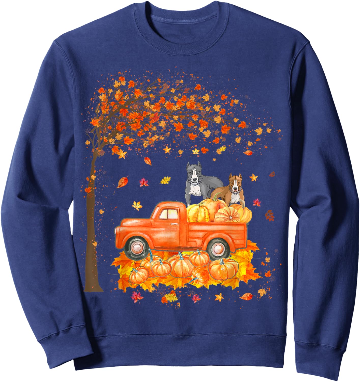 Pitbull Riding On Pumpkin Truck Thanksgiving Pitbull Gifts Sweatshirt - Sweatshirt | Navy