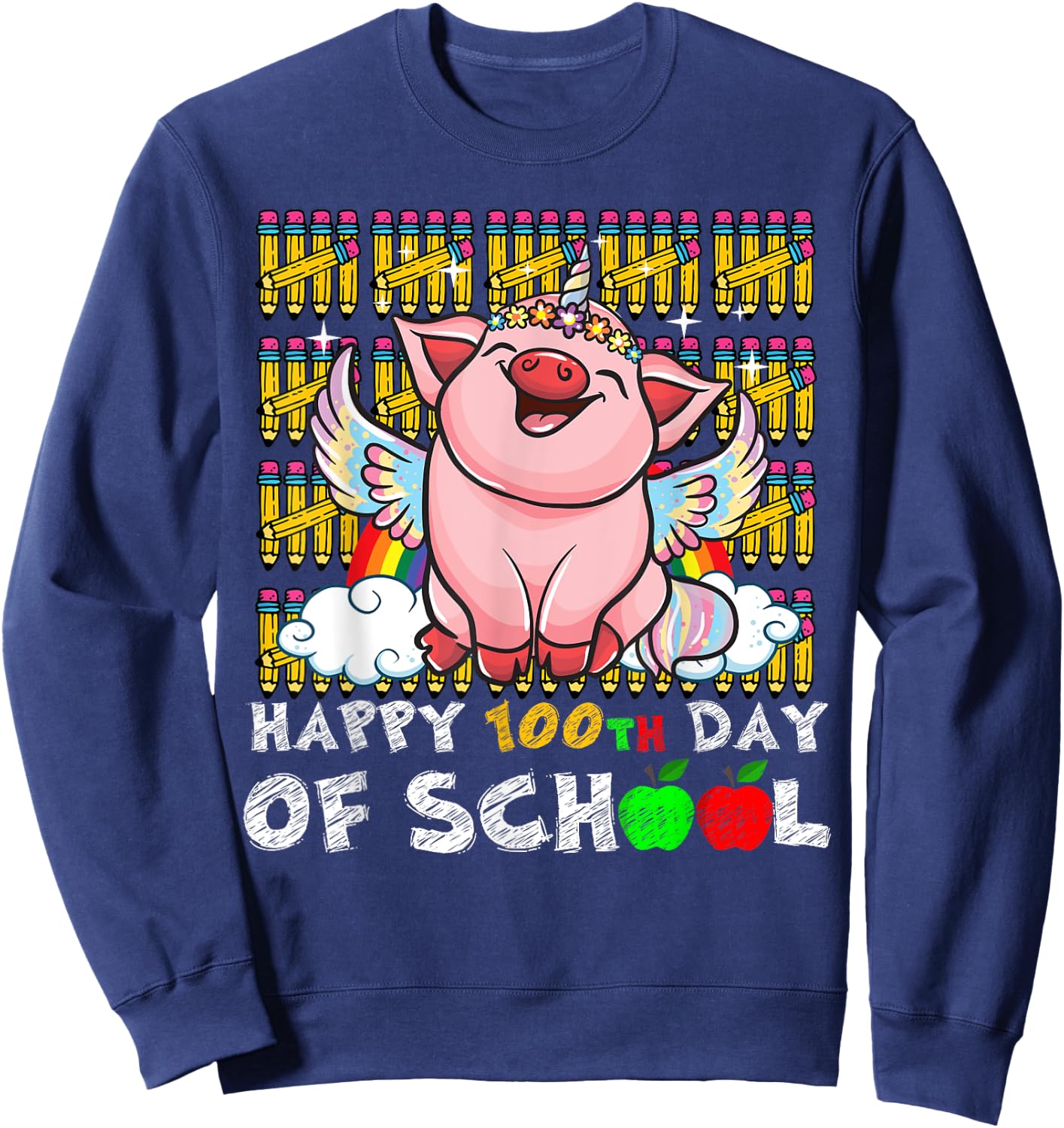 Happy 100th Day Of School Pig Funny Teacher Student Kids Sweatshirt - Sweatshirt | Navy