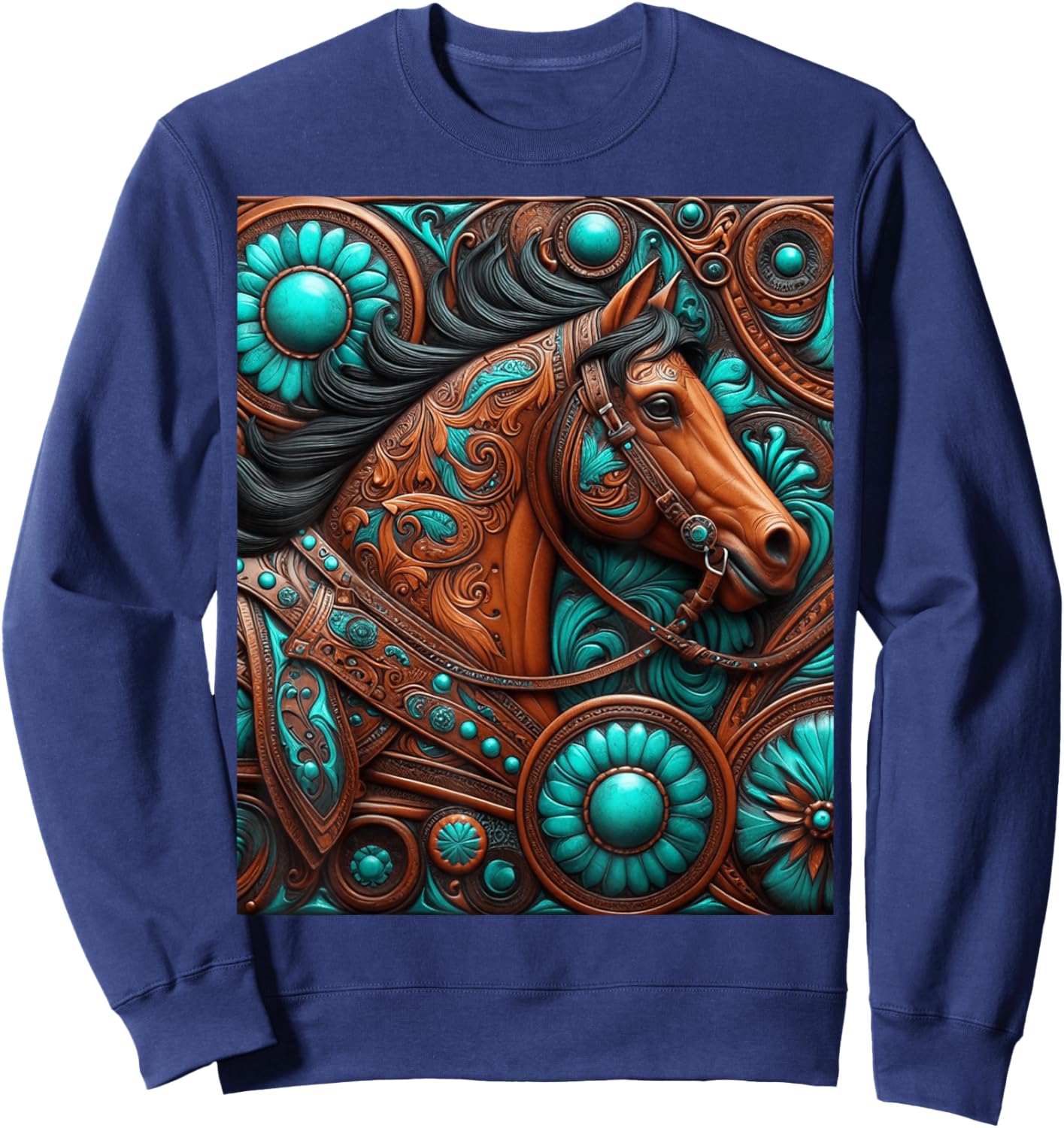 Turquoise and Chocolate Tooled Horse Sweatshirt - Sweatshirt | Navy