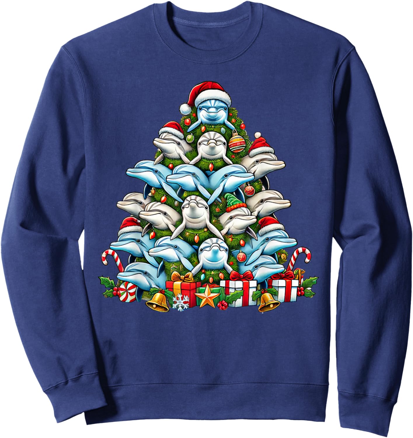 Dolphin Christmas Tree Funny Dolphin Xmas Sweatshirt - Sweatshirt | Navy