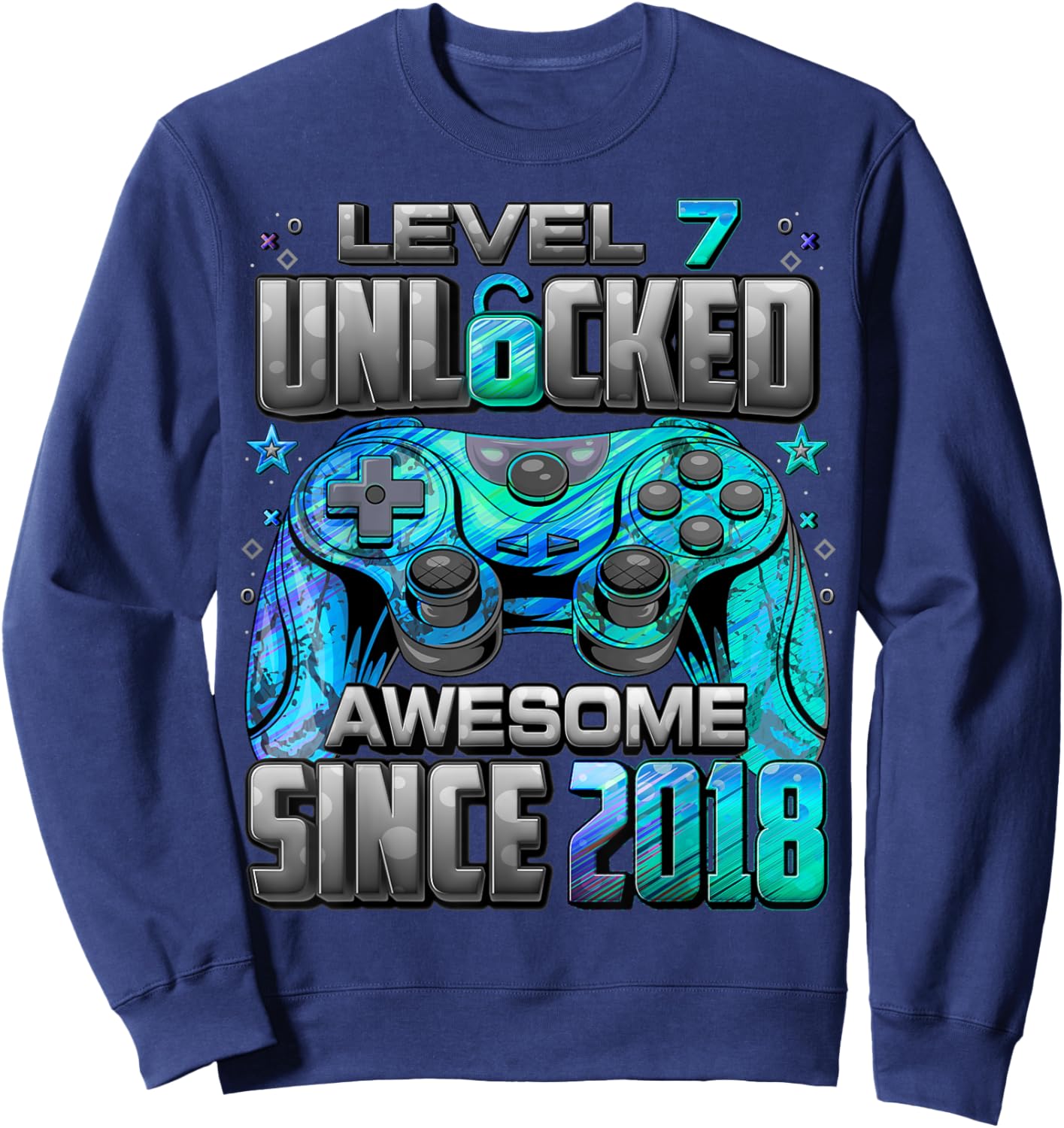 Level 7 Unlocked Awesome Since 2018 7th Birthday Gaming Sweatshirt - Sweatshirt | Navy