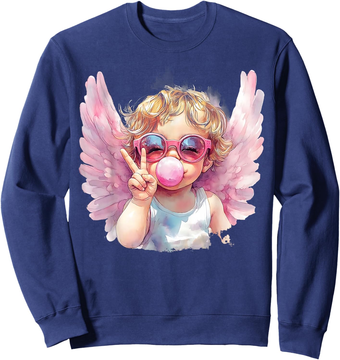 Cute Cupid Blowing Bubble Gum Sunglasses Valentine's Day Sweatshirt - Sweatshirt | Navy