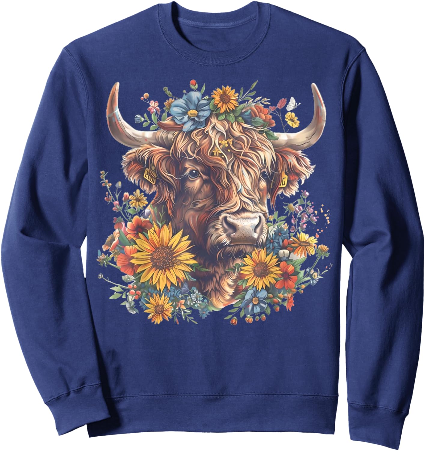 Cute Highland Cow With Sunflowers Funny Calf Animal Farm Sweatshirt - Sweatshirt | Navy