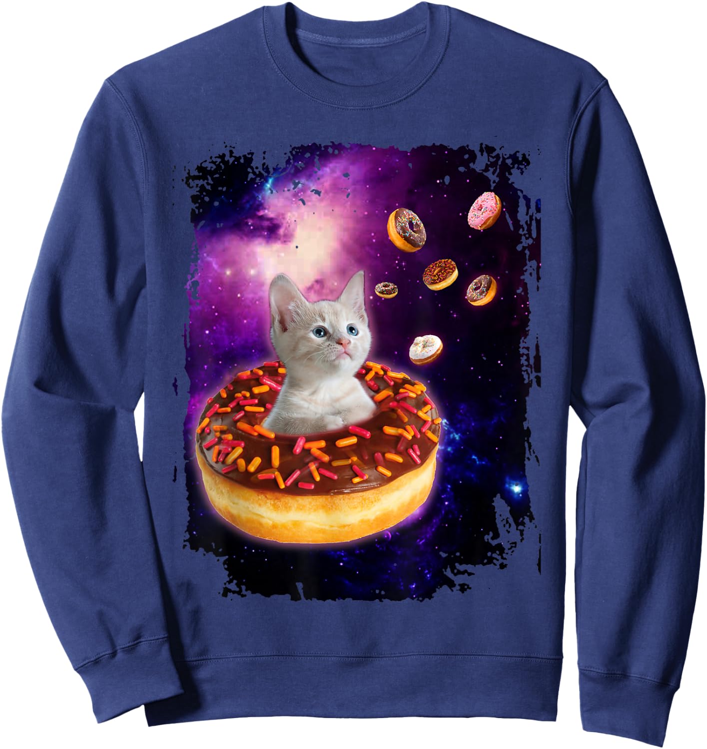 Cute Cat Inside Donut in Space Boys Girl - Kitty in Space Sweatshirt - Sweatshirt | Navy