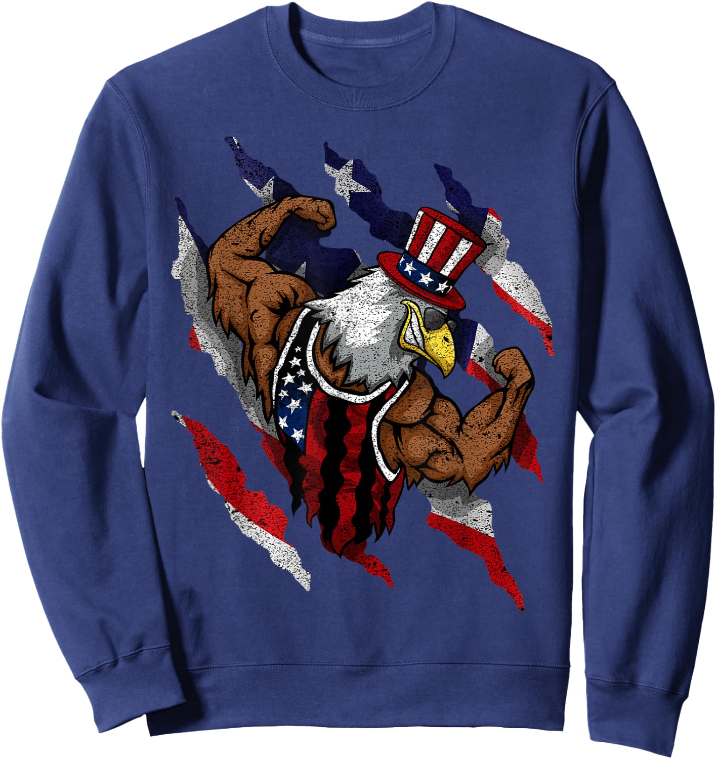 American Flag Muscular Bald Eagle Bike Flexing Uncle Sam Kids Men Sweatshirt - Sweatshirt | Navy