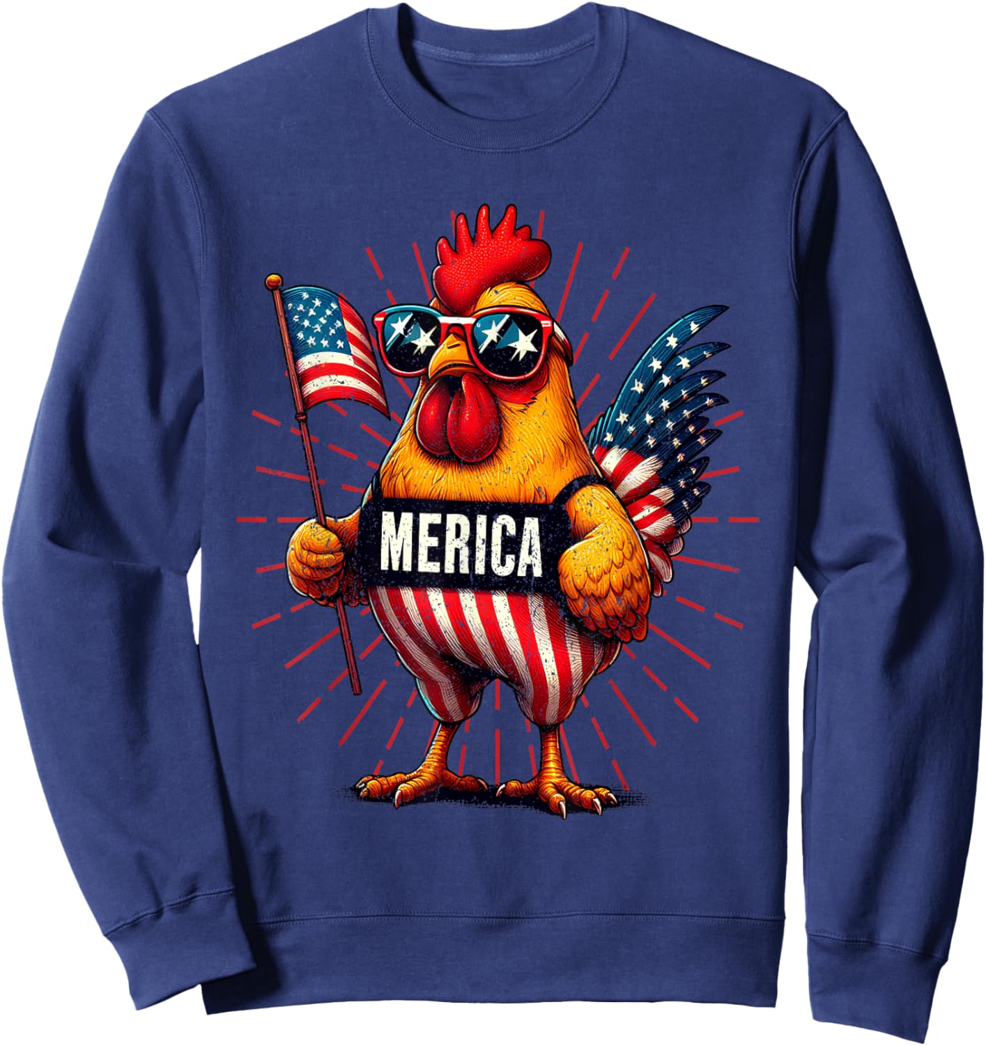 Merica Chicken Rooster 4th of July Patriotic American Flag Sweatshirt - Sweatshirt | Navy