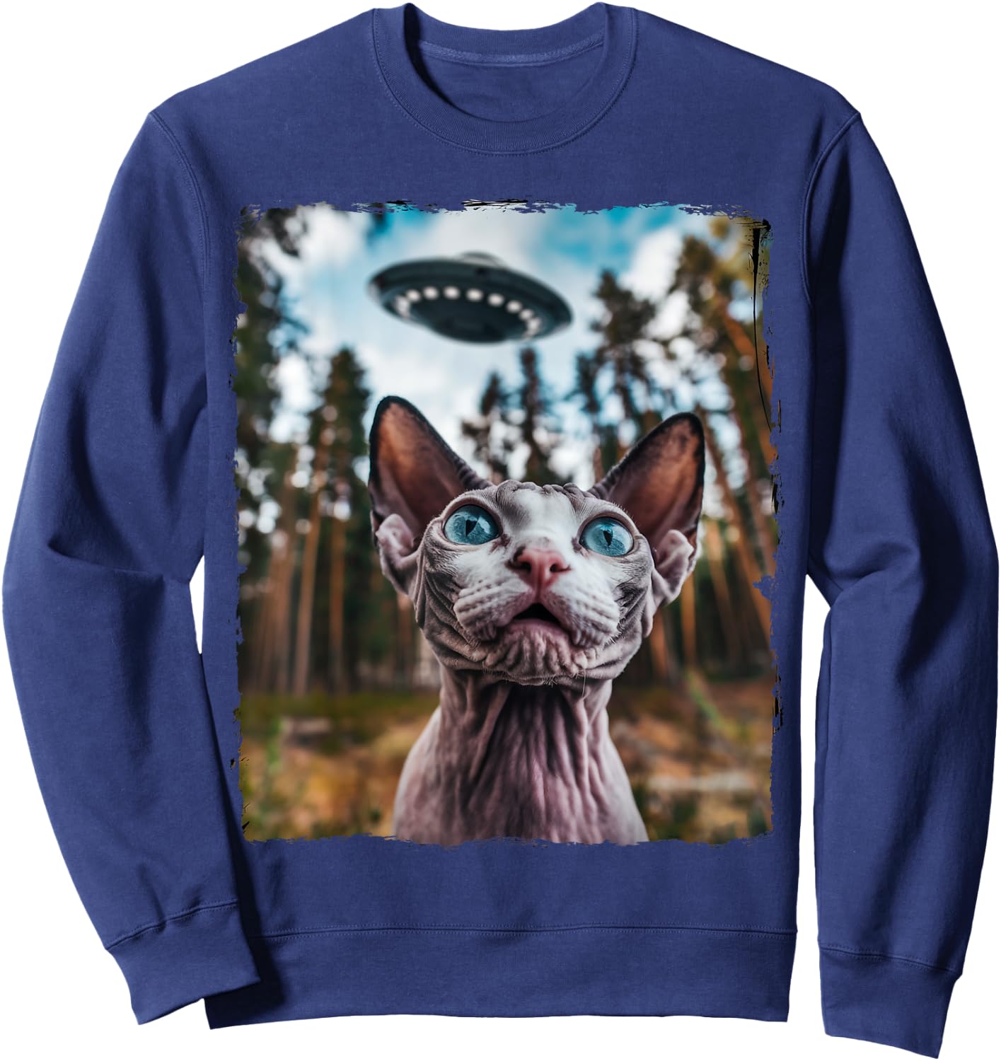 Sphynx Cat Selfie With Alien UFO Cat Gifts Women Kid Sweatshirt - Sweatshirt | Navy