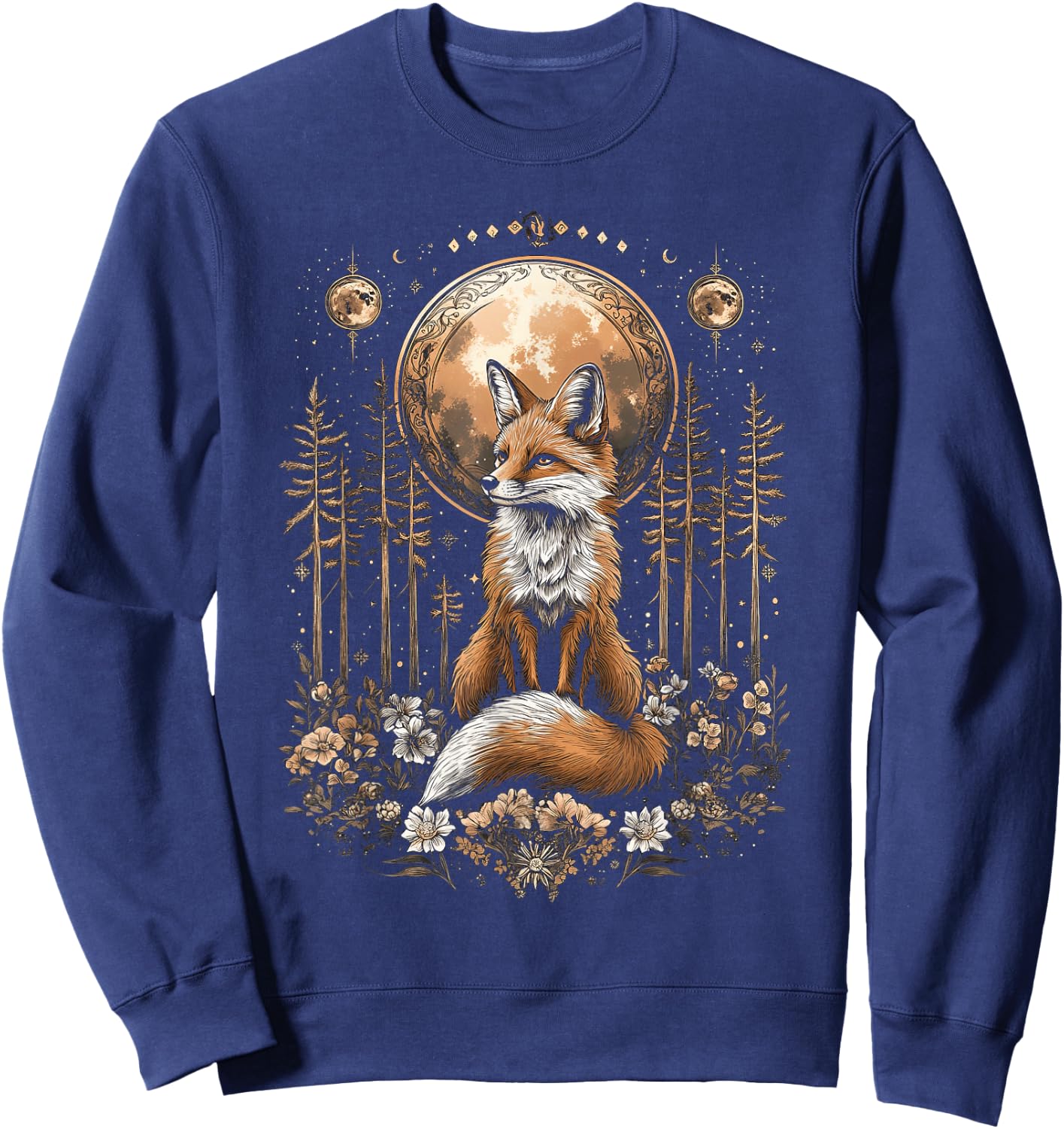 Mystic Moon and Moonphase Fox Mystical Flowers Aesthetic Sweatshirt - Sweatshirt | Navy