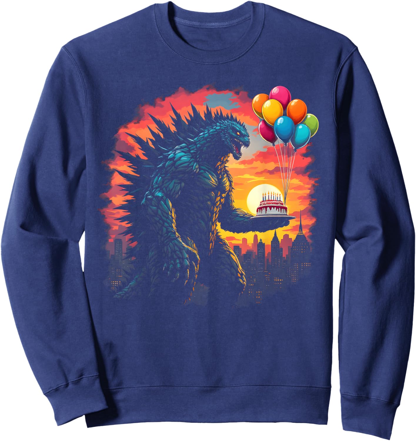 Kaiju Balloon And Cake Funny Japanese Monster Lover Birthday Sweatshirt - Sweatshirt | Navy