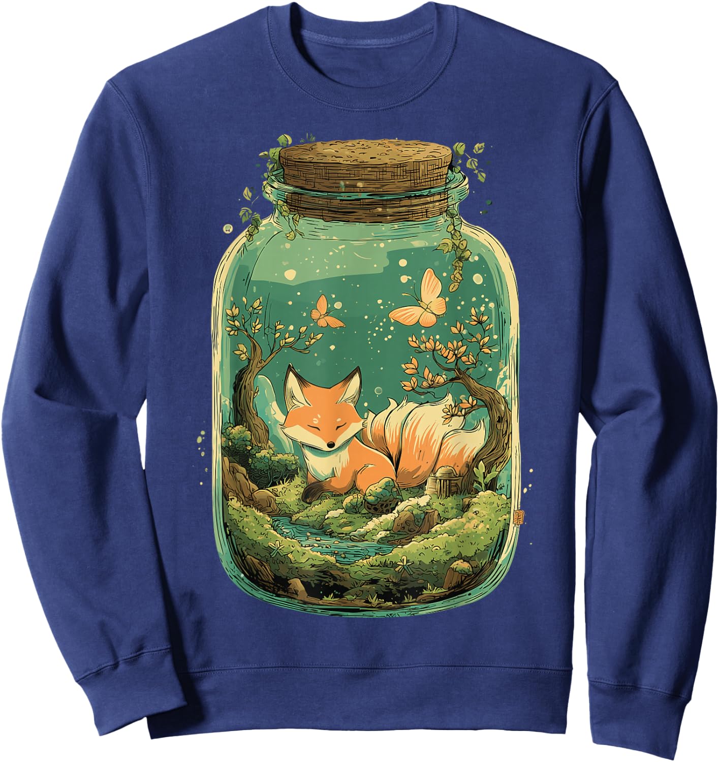 Magical Kitsune Nine-Tailed Fox Kawaii Terrarium Art Sweatshirt - Sweatshirt | Navy