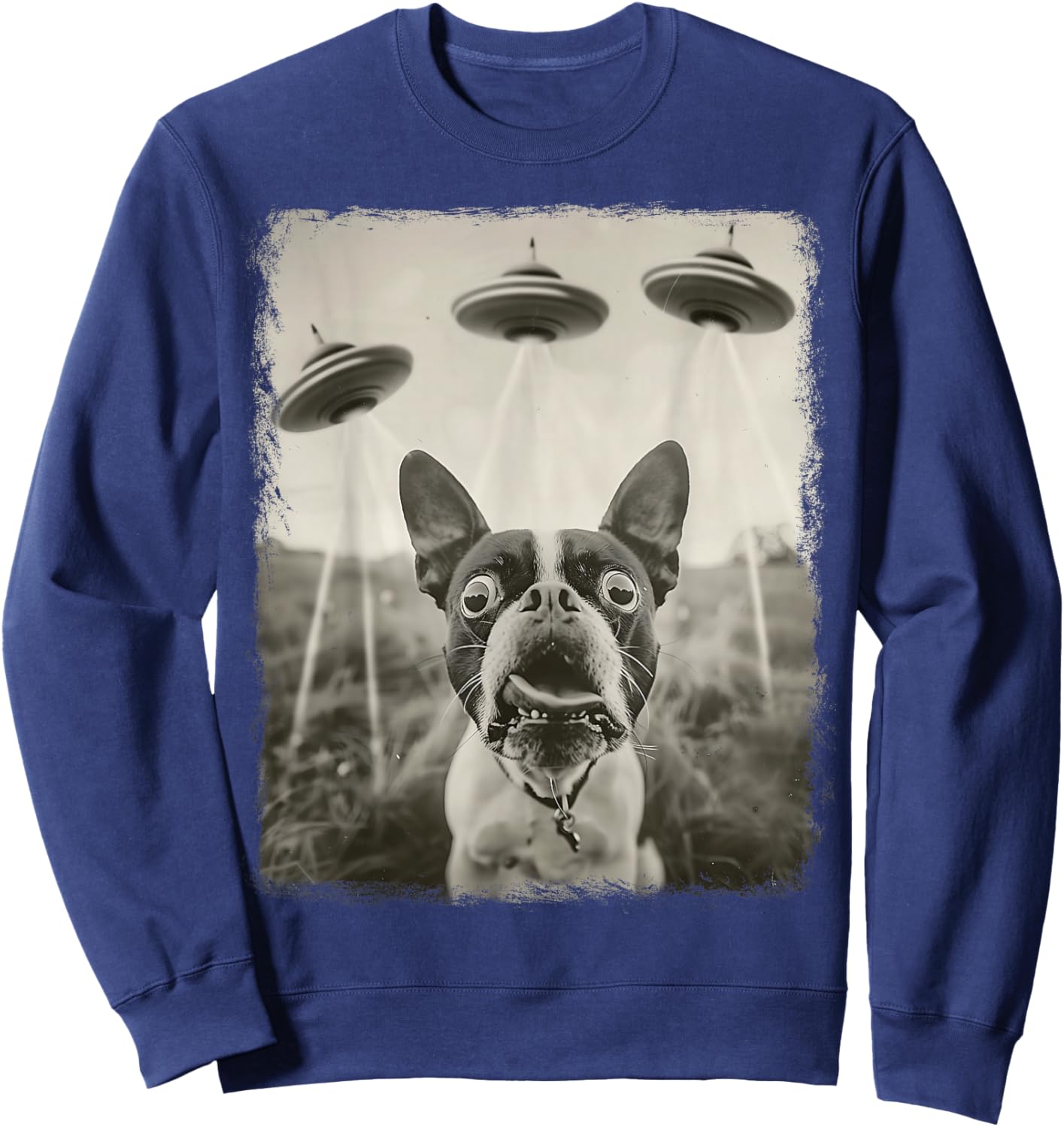 Boston Terrier Dog UFO Alien Extraterrestrial Selfie Sweatshirt - Sweatshirt | Navy