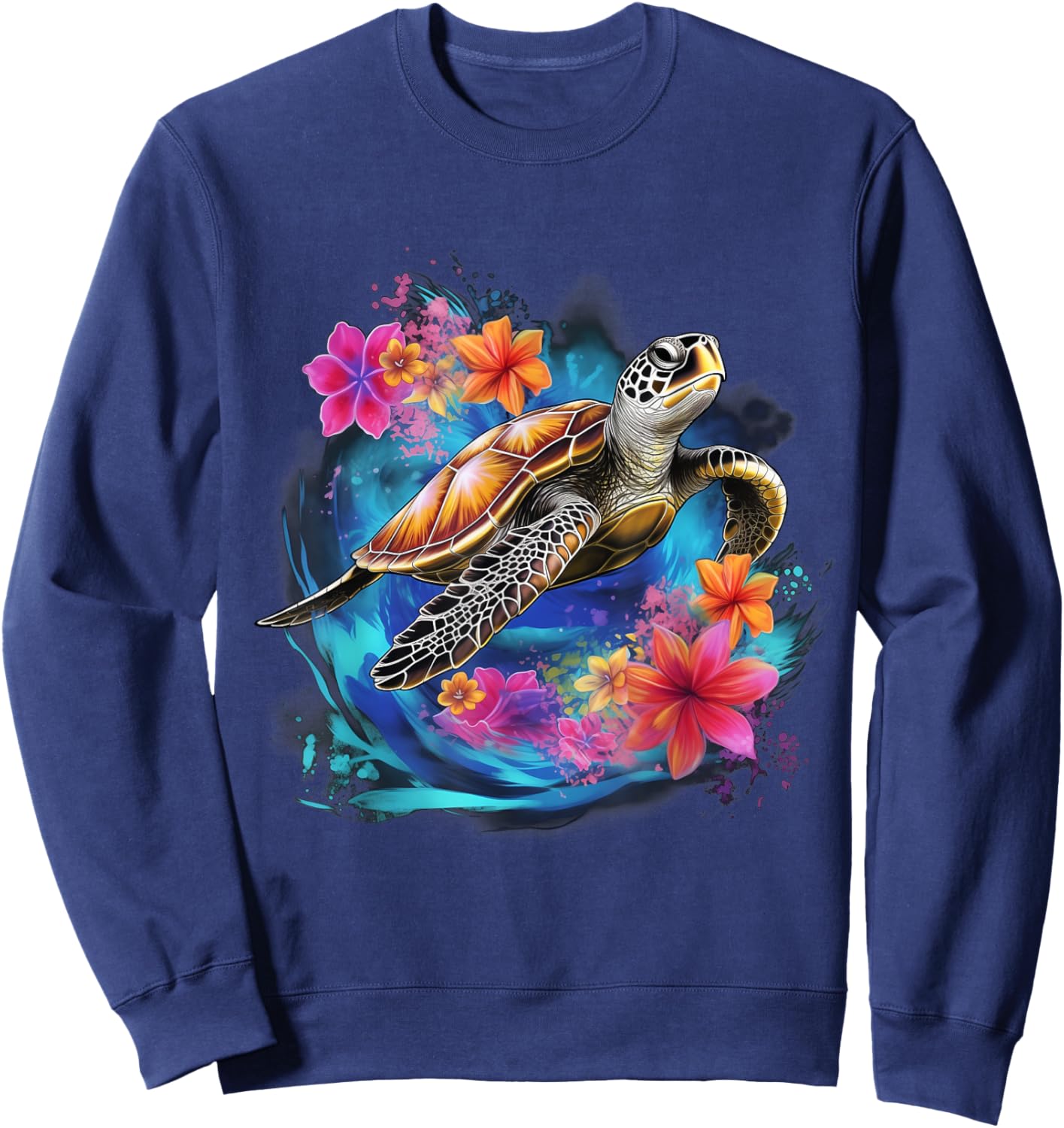 Sea Turtle Hawaiian Hibiscus Flowers Surfer Scuba Diving Sweatshirt - Sweatshirt | Navy