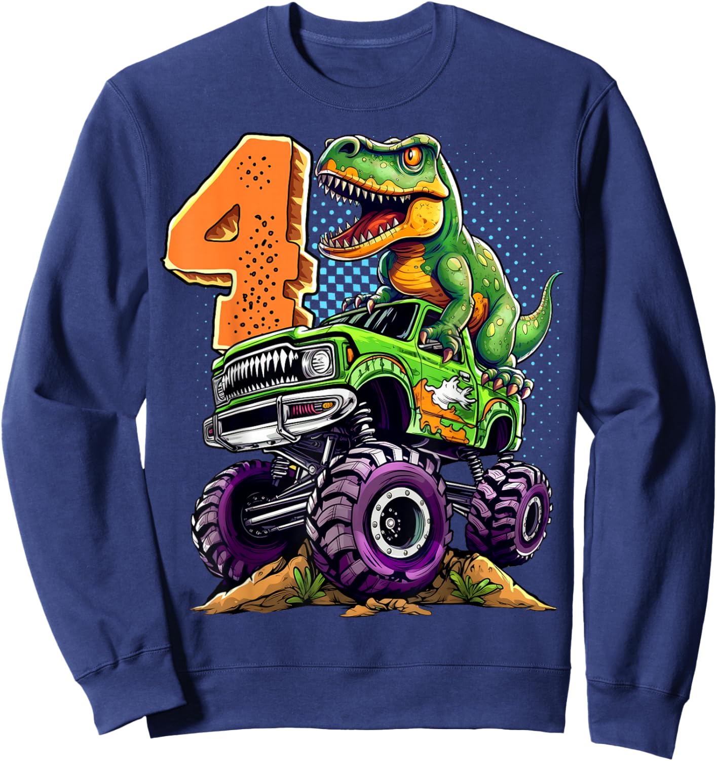 Monster Truck Dinosaur T-Rex 4th Birthday Boy 4 Year Old Sweatshirt - Sweatshirt | Navy