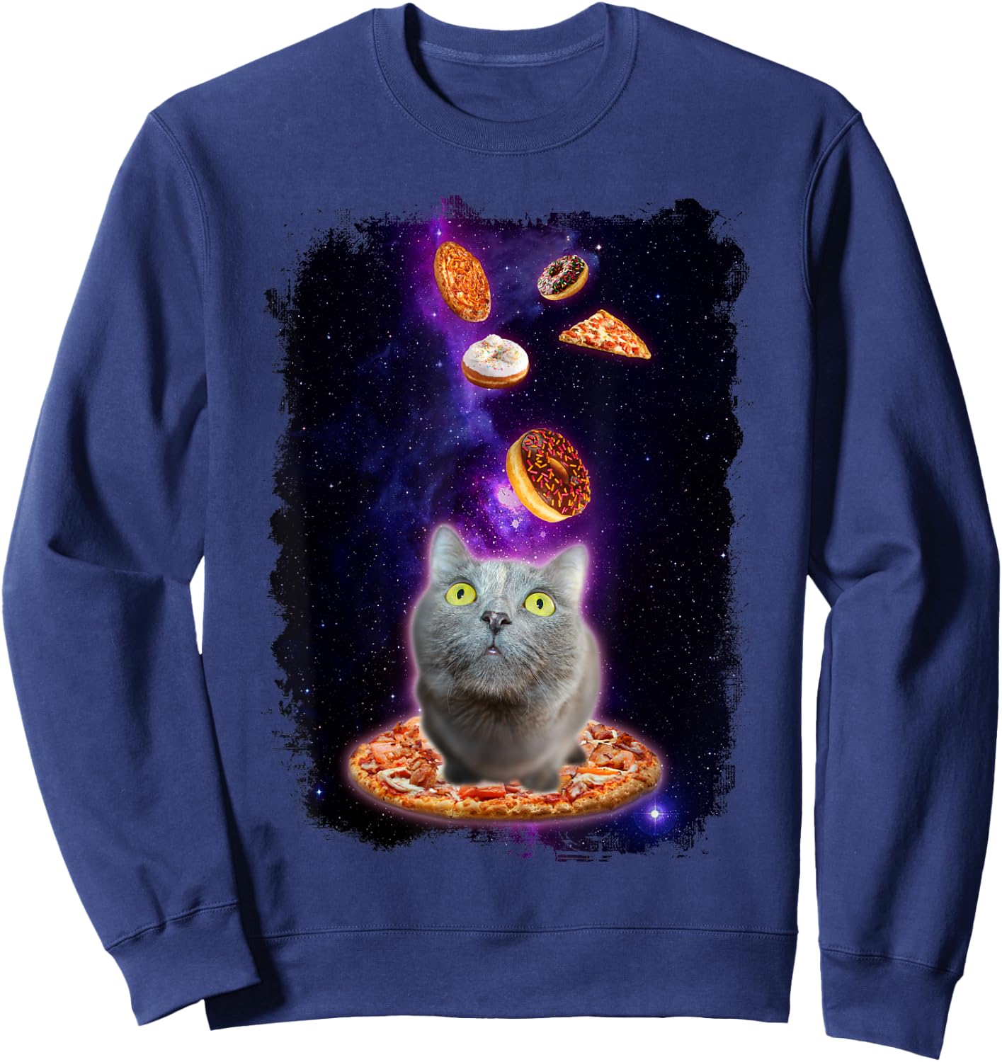 Cat in Space with Pizza Doughnuts Floating Shirt Gift Sweatshirt - Sweatshirt | Navy