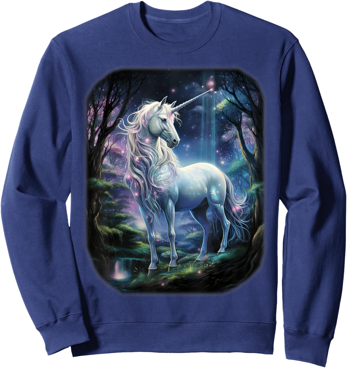 Fantasy white Unicorn standing in forest universe. Sweatshirt - Sweatshirt | Navy