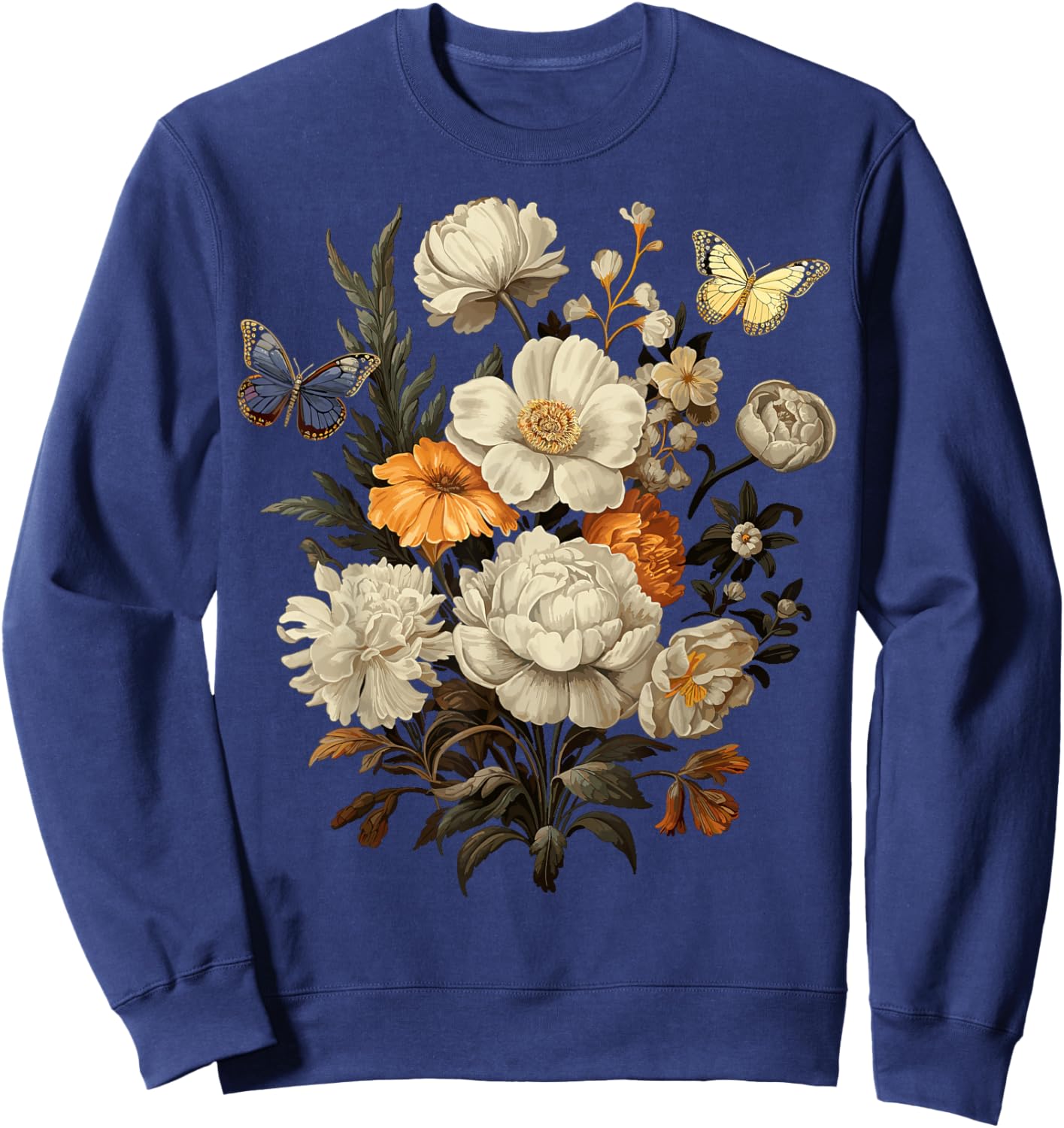 Vintage Pressed Flowers Butterflies Floral Boho Wildflowers Sweatshirt - Sweatshirt | Navy