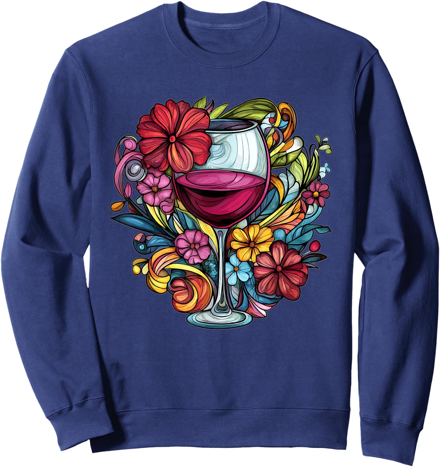 Elegant Wine Glass With Floral Blooms Sweatshirt - Sweatshirt | Navy