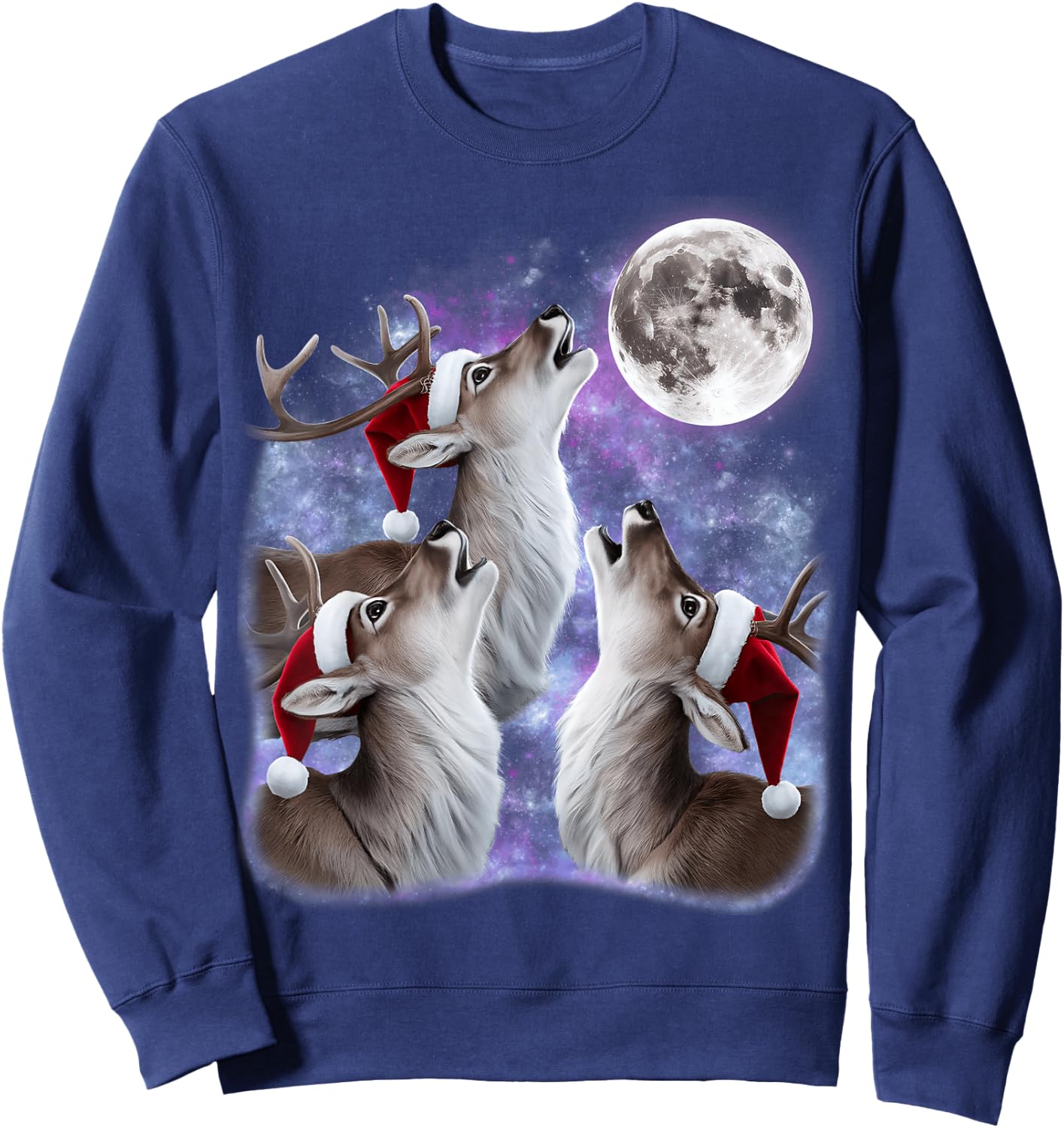 3 Deer Howling At The Moon Santa Hat Meme Funny Deer Lovers Sweatshirt - Sweatshirt | Navy