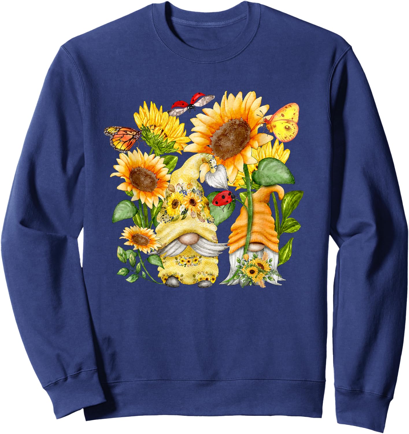 Sunflower Gnome Butterfly & Ladybug Floral Flower Sweatshirt - Sweatshirt | Navy