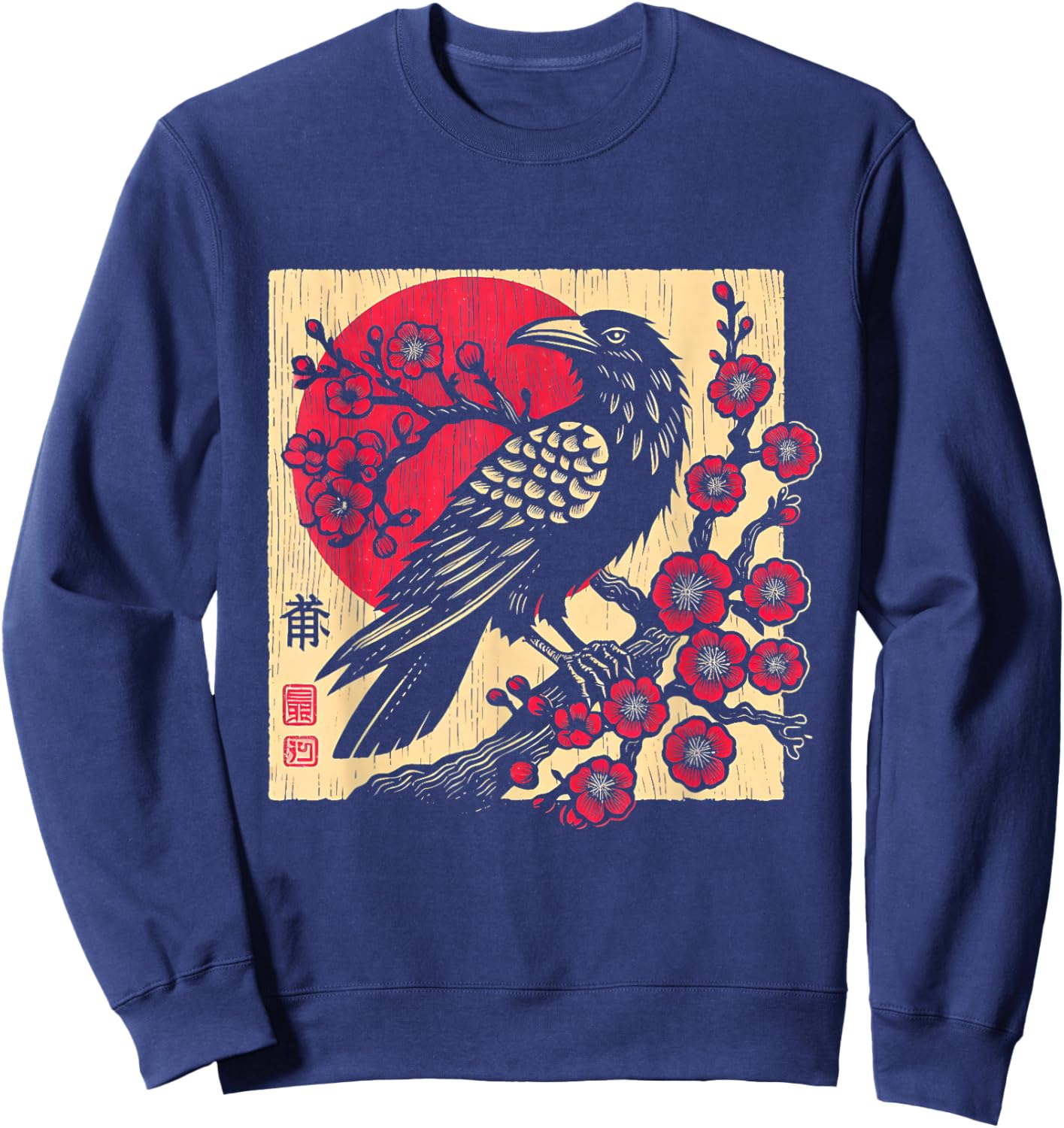 Japanese Art Raven Vintage Graphic Cherry Blossom Sweatshirt - Sweatshirt | Navy