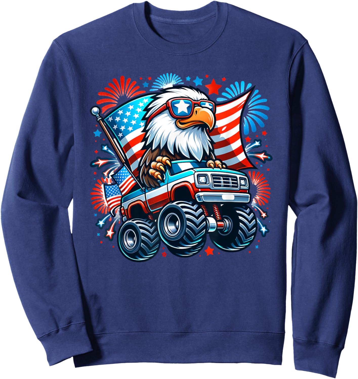 July 4th Bald Eagle Monster Truck USA American Flag Firework Sweatshirt - Sweatshirt | Navy