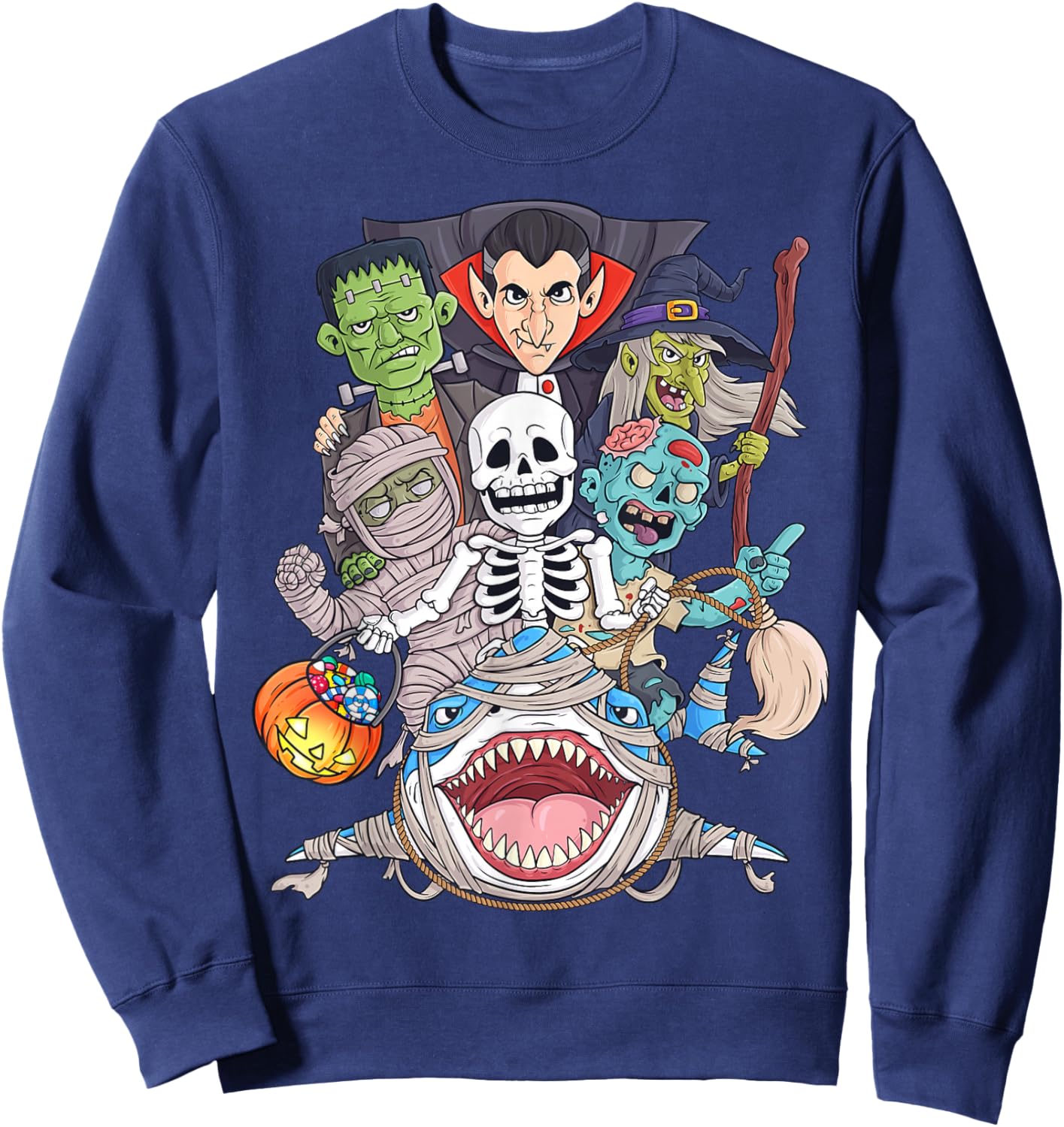 Skeleton Zombie Riding Mummy Shark Funny Halloween Pumpkin Sweatshirt - Sweatshirt | Navy