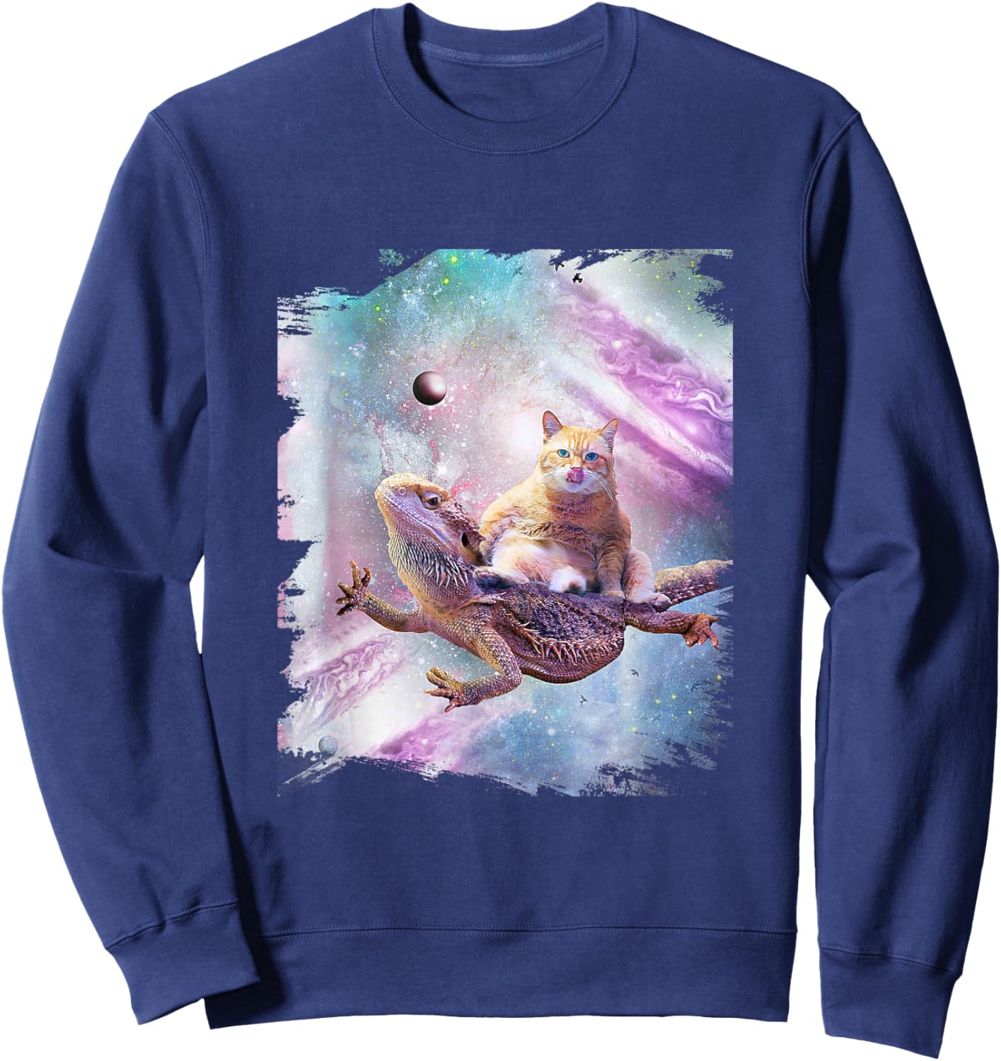 Bearded Dragon Lizard Riding Space Cat Sweatshirt - Sweatshirt | Navy