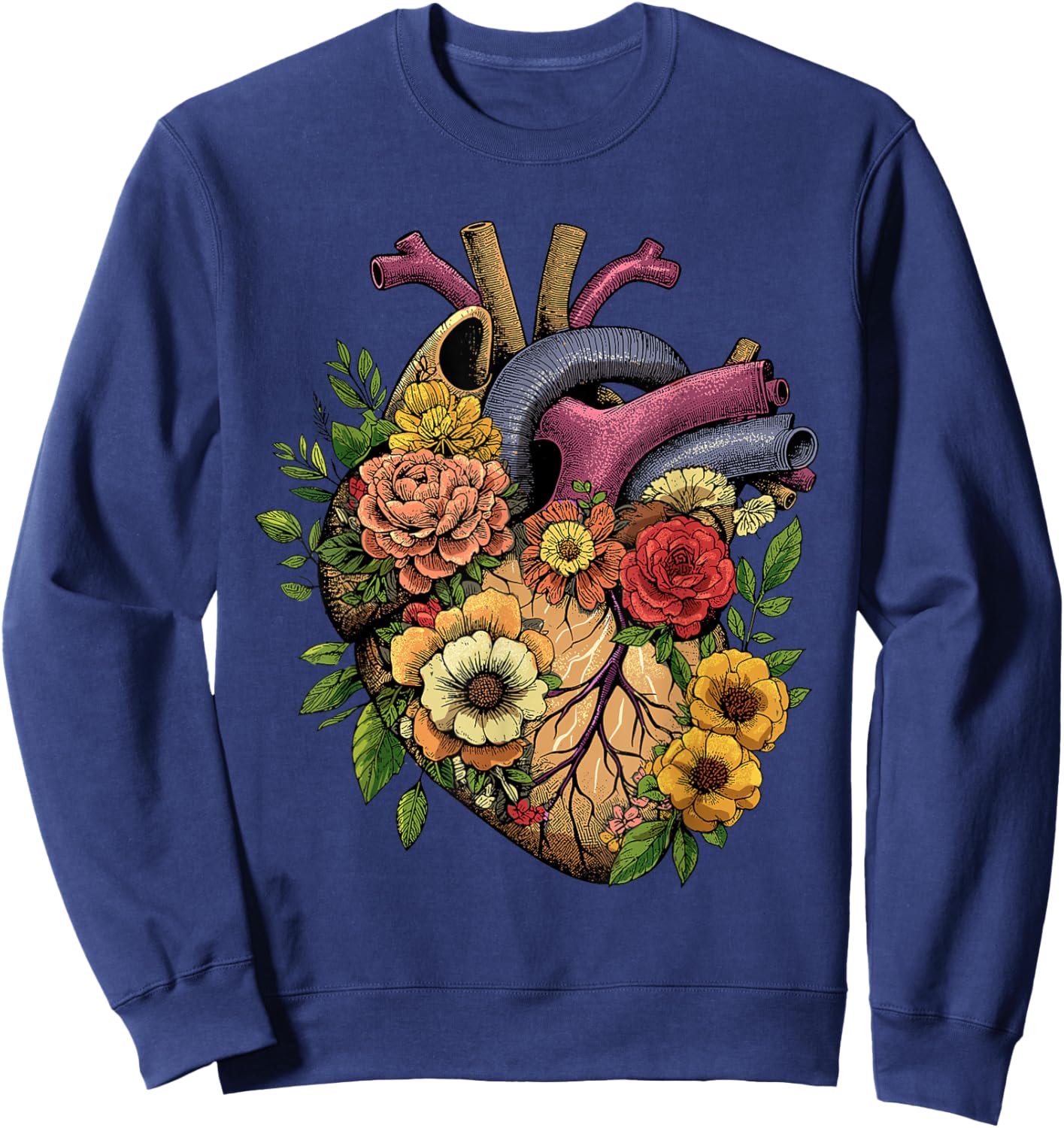 Anatomical Heart Shirt Floral Organ Cardiology Cardiac Nurse Sweatshirt - Sweatshirt | Navy