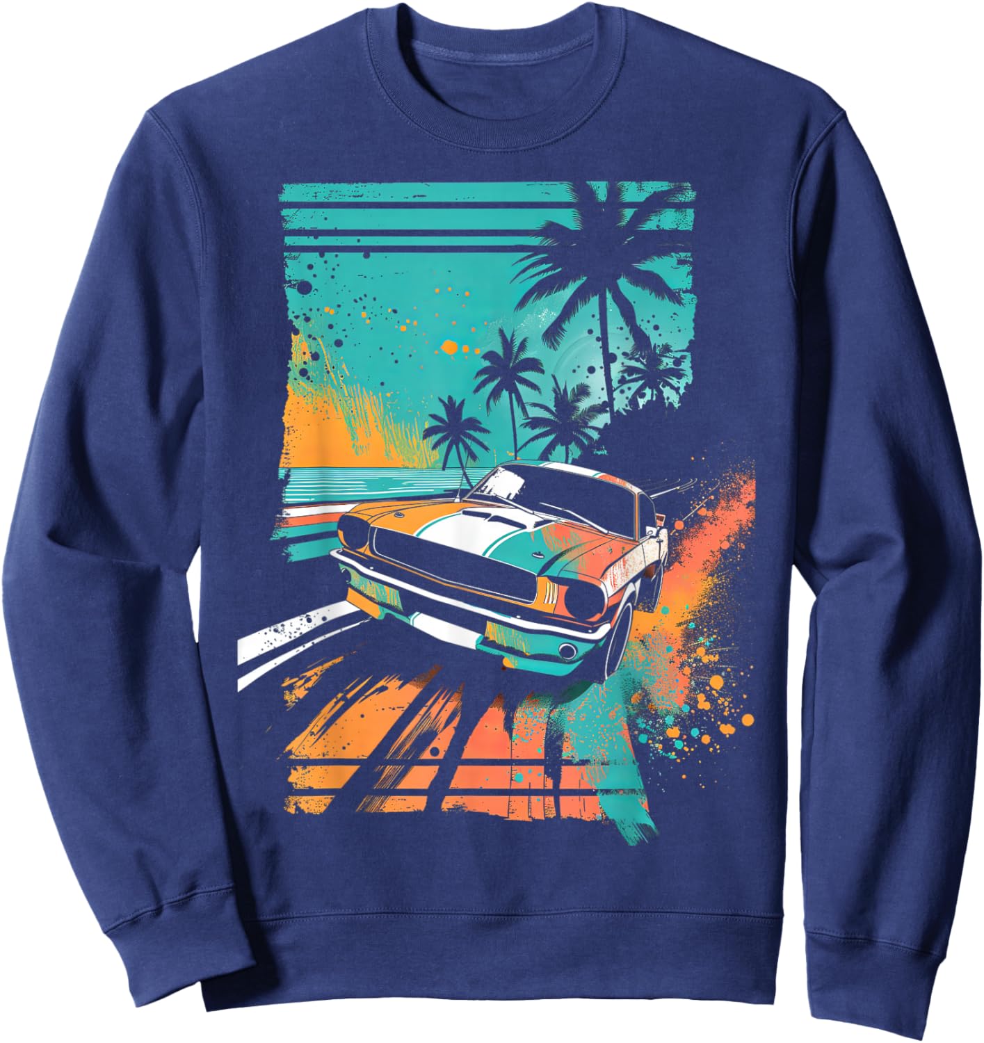 Vintage Car Teal Sunset Tropical Beach Sweatshirt - Sweatshirt | Navy