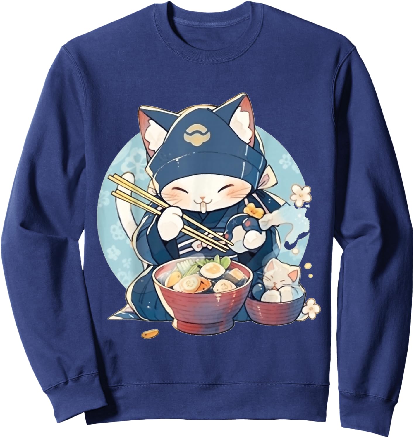 Japanese Art Ramen Cat Ninja Ukiyo-e Anime Style Samurai Cat Sweatshirt - Sweatshirt | Navy
