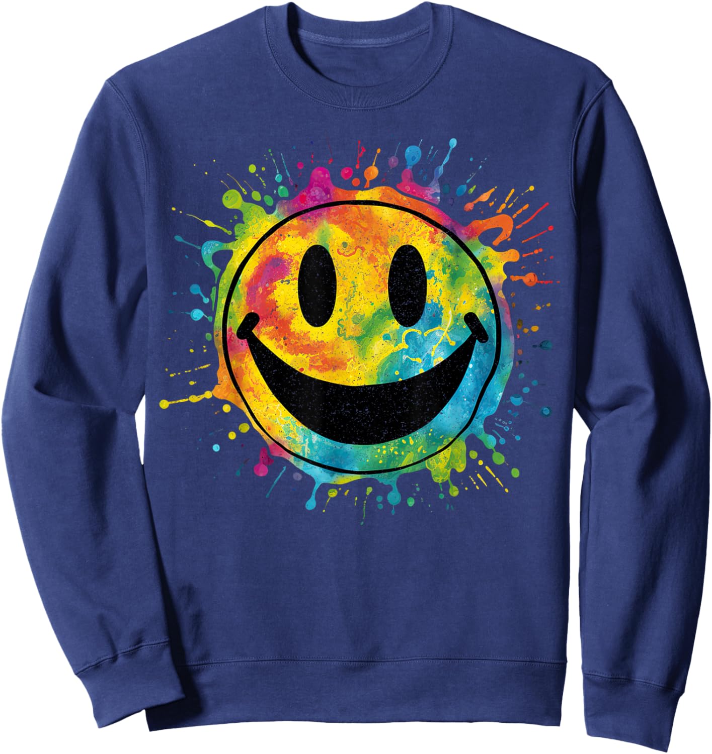 Retro Happy Face Rainbow Tie-dye Splatter – 70s Peace Smile Sweatshirt - Sweatshirt | Navy