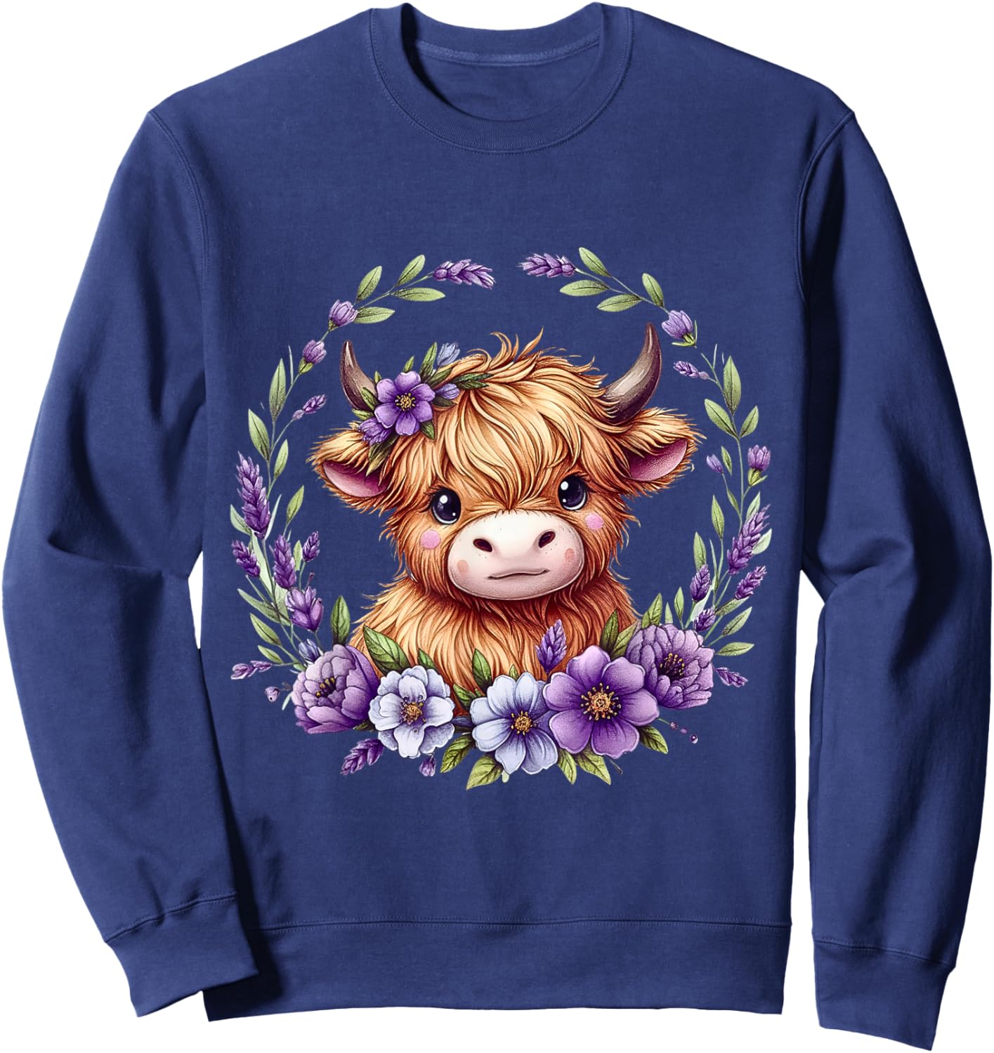 Baby Highland Cow with Purple Flowers Scottish Farm Sweatshirt - Sweatshirt | Navy
