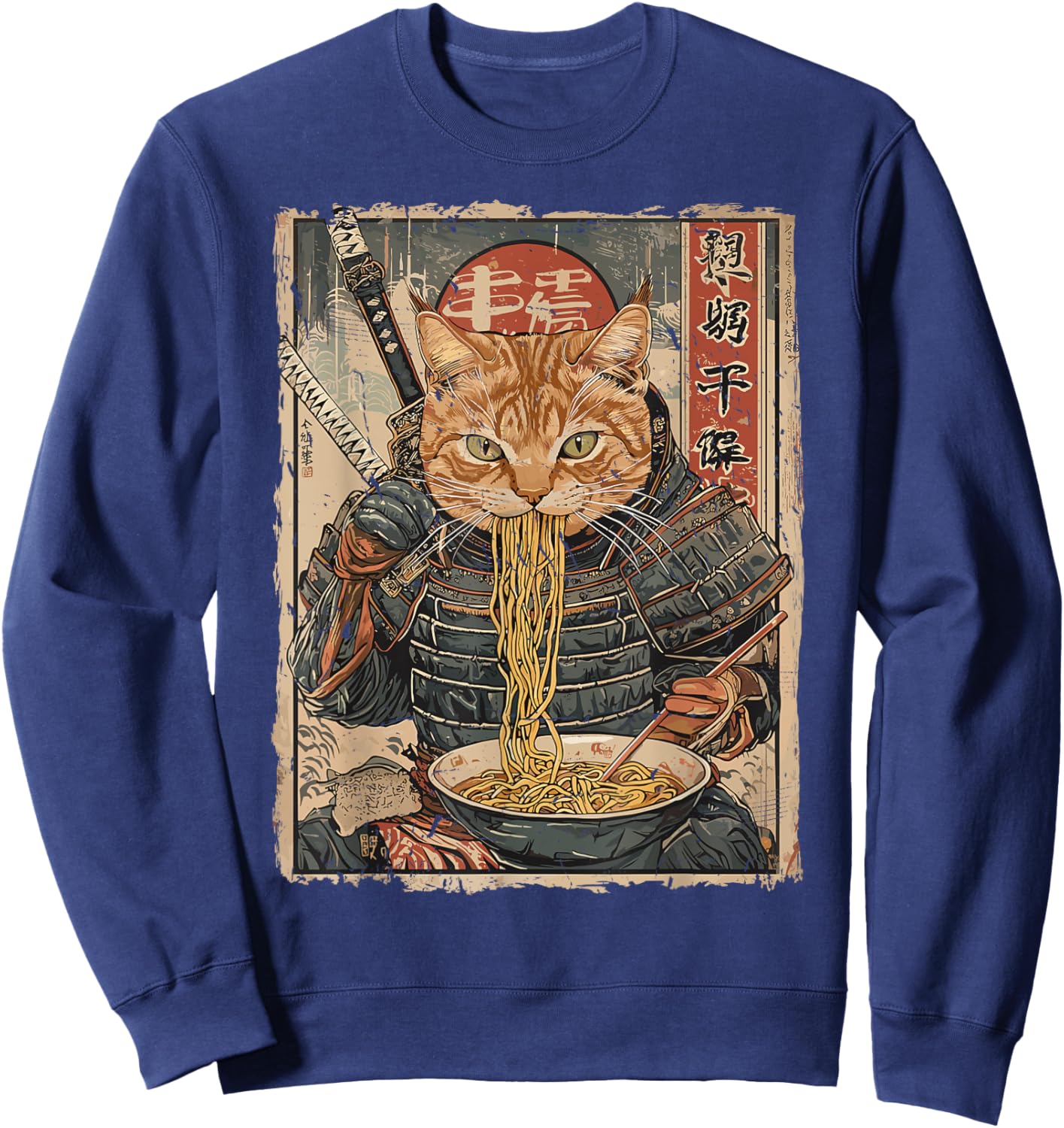 Samurai Cat Loves Ramen Funny Anime Japanese Artwork Samurai Sweatshirt - Sweatshirt | Navy