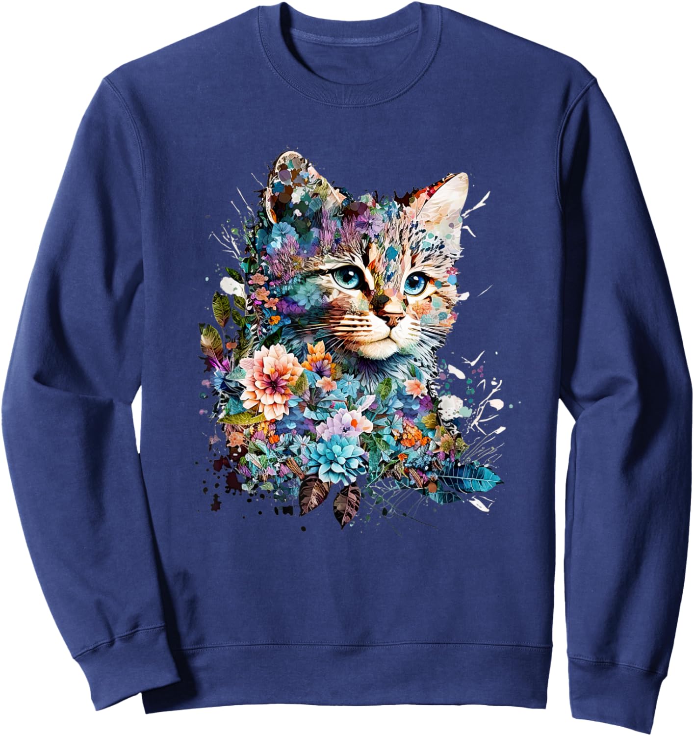 Cute Cat Motif Cat With Flowers Cat Sweatshirt - Sweatshirt | Navy