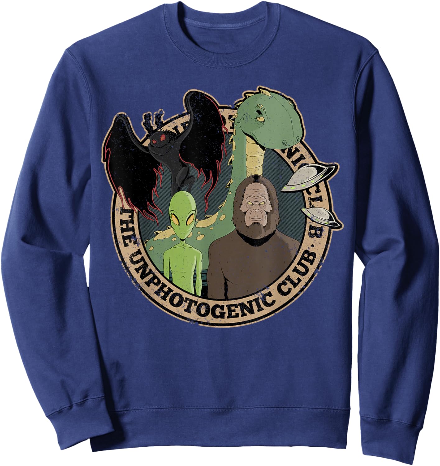 Unphotogenic Club Cryptid Alien Bigfoot Mothman Loch Ness Sweatshirt - Sweatshirt | Navy