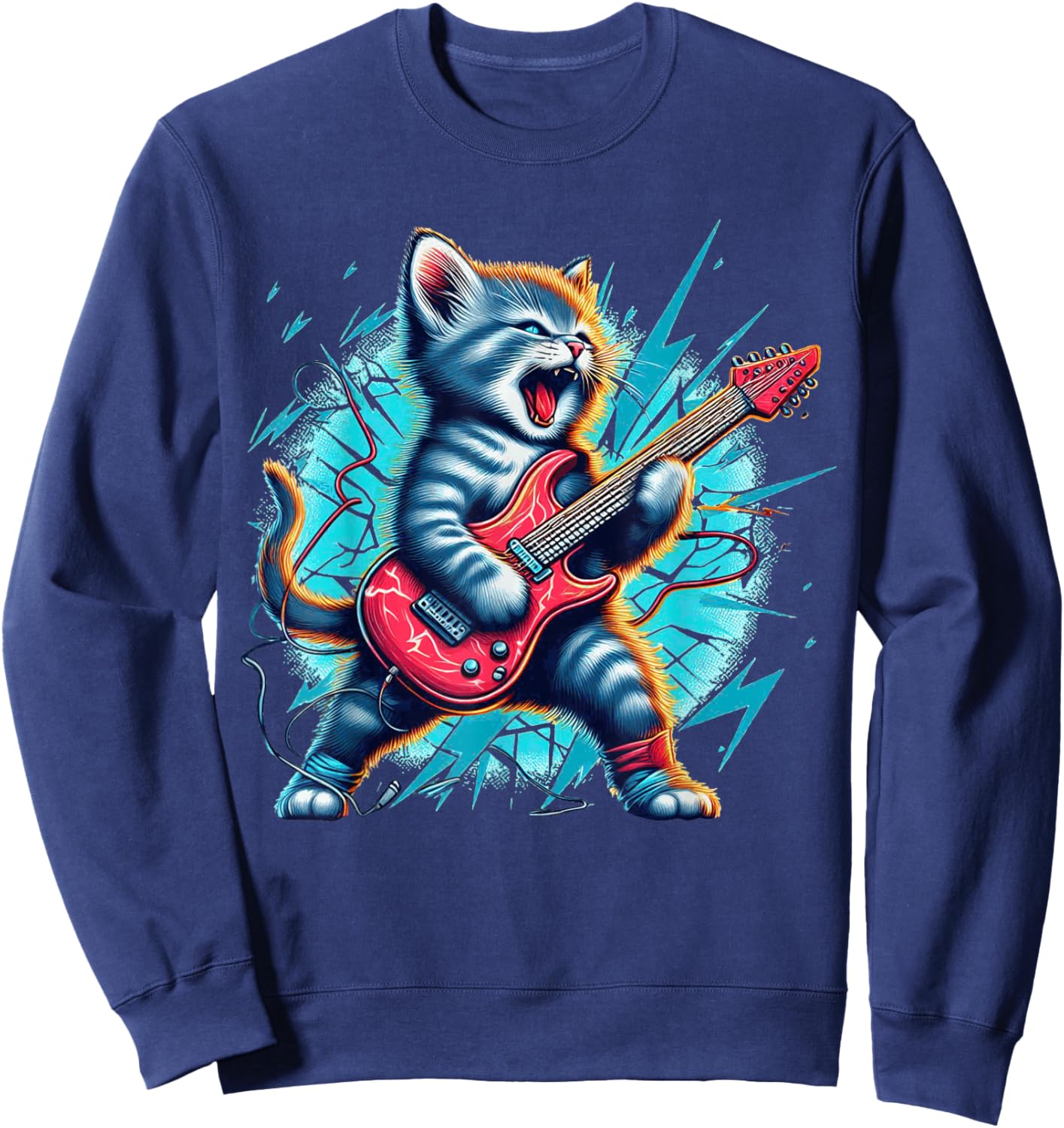Rockstar Kitten Cute Cat playing Guitar Adorable Music Art Sweatshirt - Sweatshirt | Navy