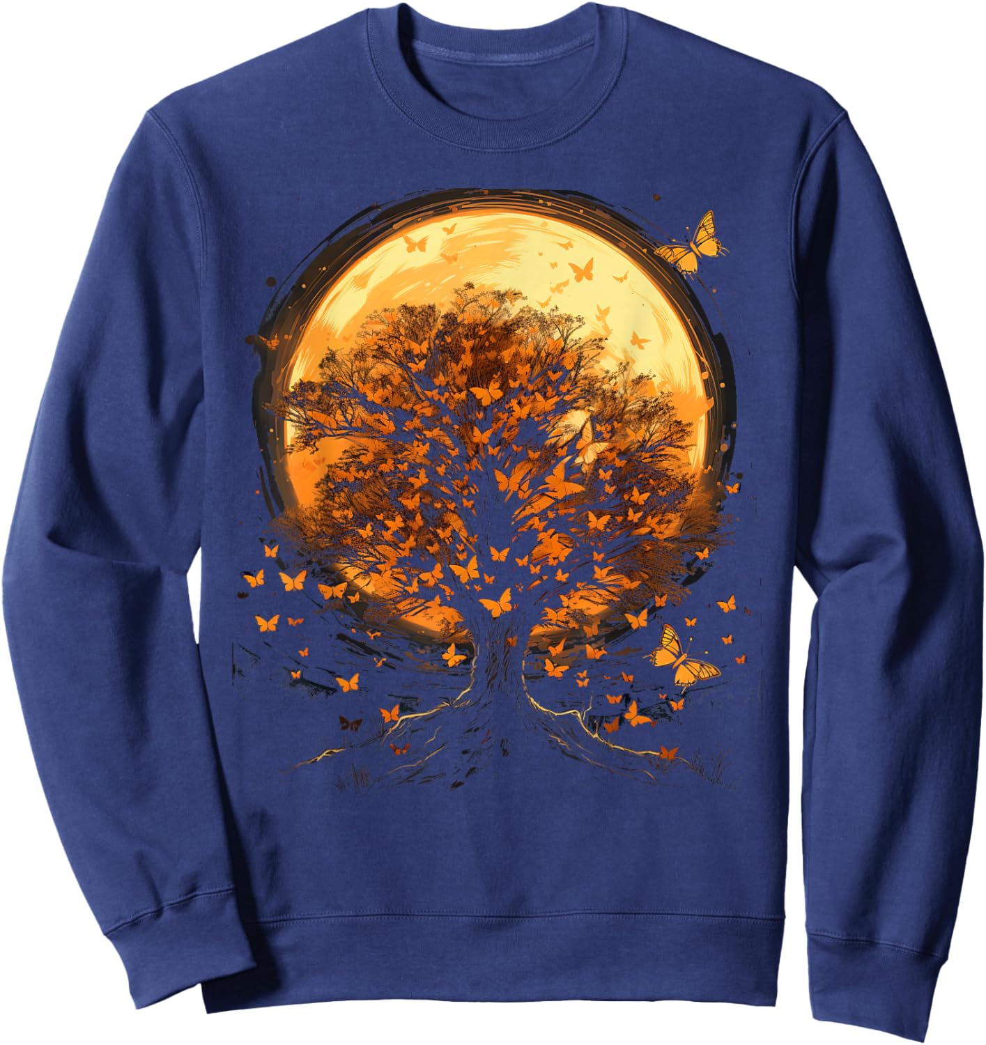 Fall Autumn falling leaves with Tree and Butterfly Sweatshirt - Sweatshirt | Navy
