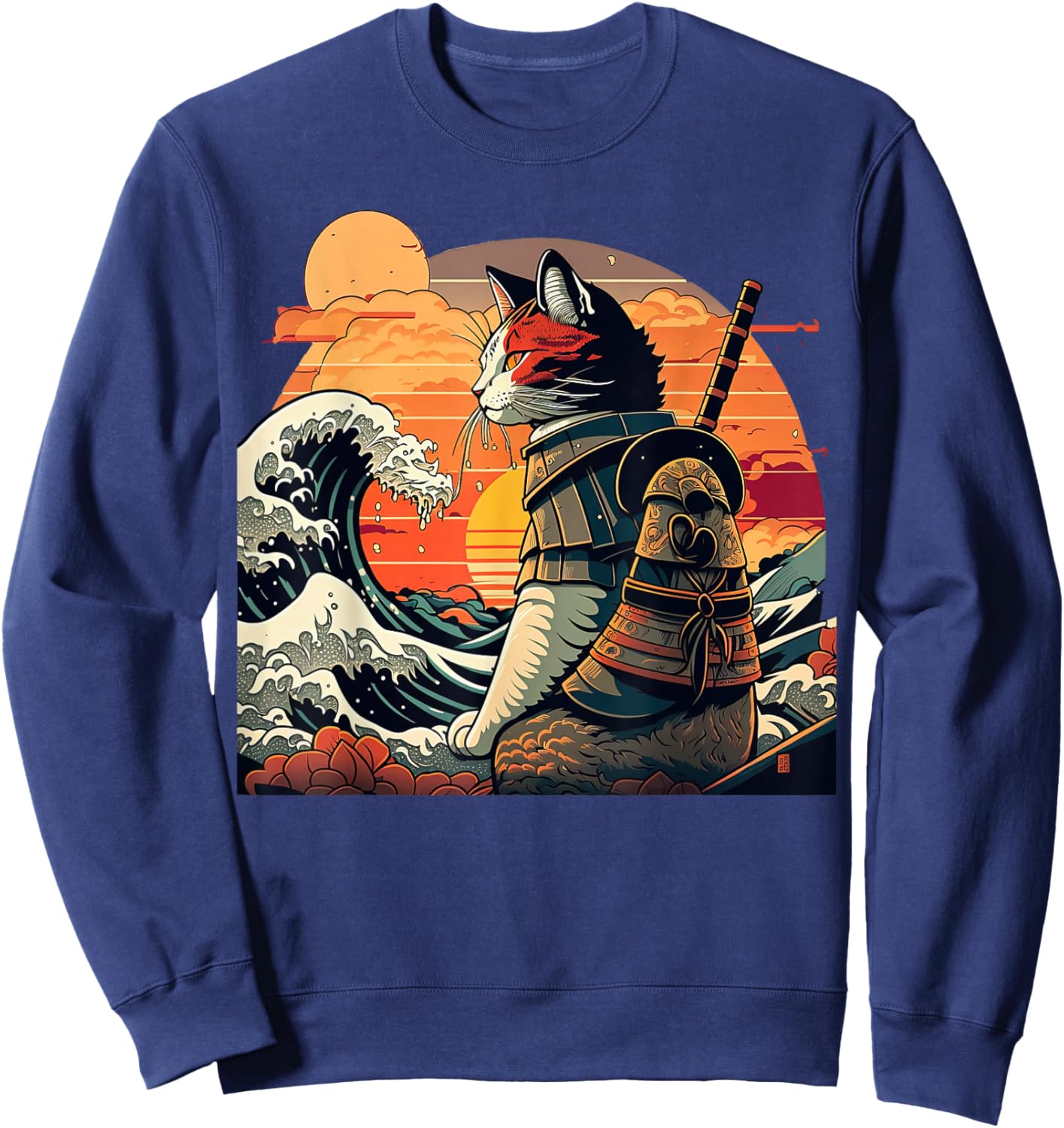 Japanese Retro Samurai cat The Great Wave by Hokusai Sweatshirt - Sweatshirt | Navy