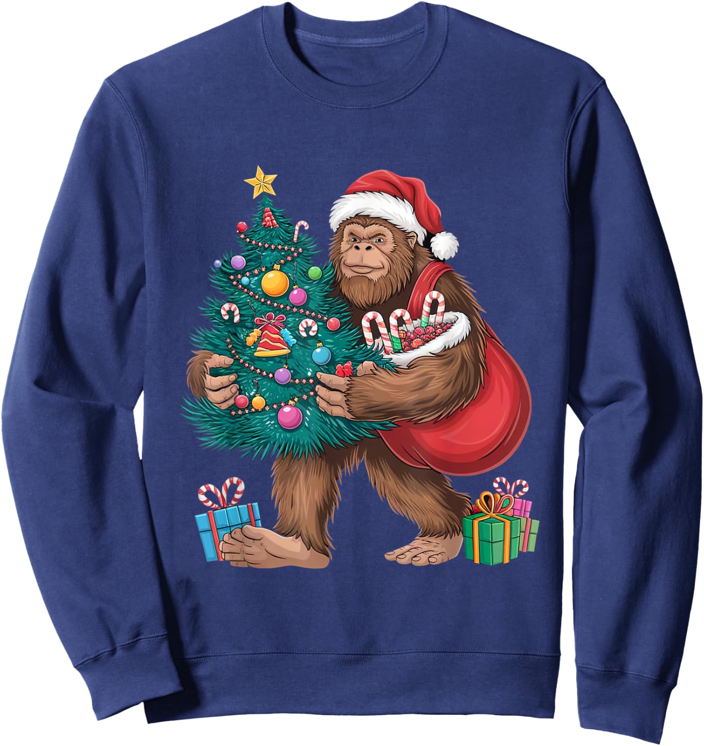 Santa Bigfoot Christmas Tree Lights Xmas Sasquatch Lovers Sweatshirt - Sweatshirt | Navy