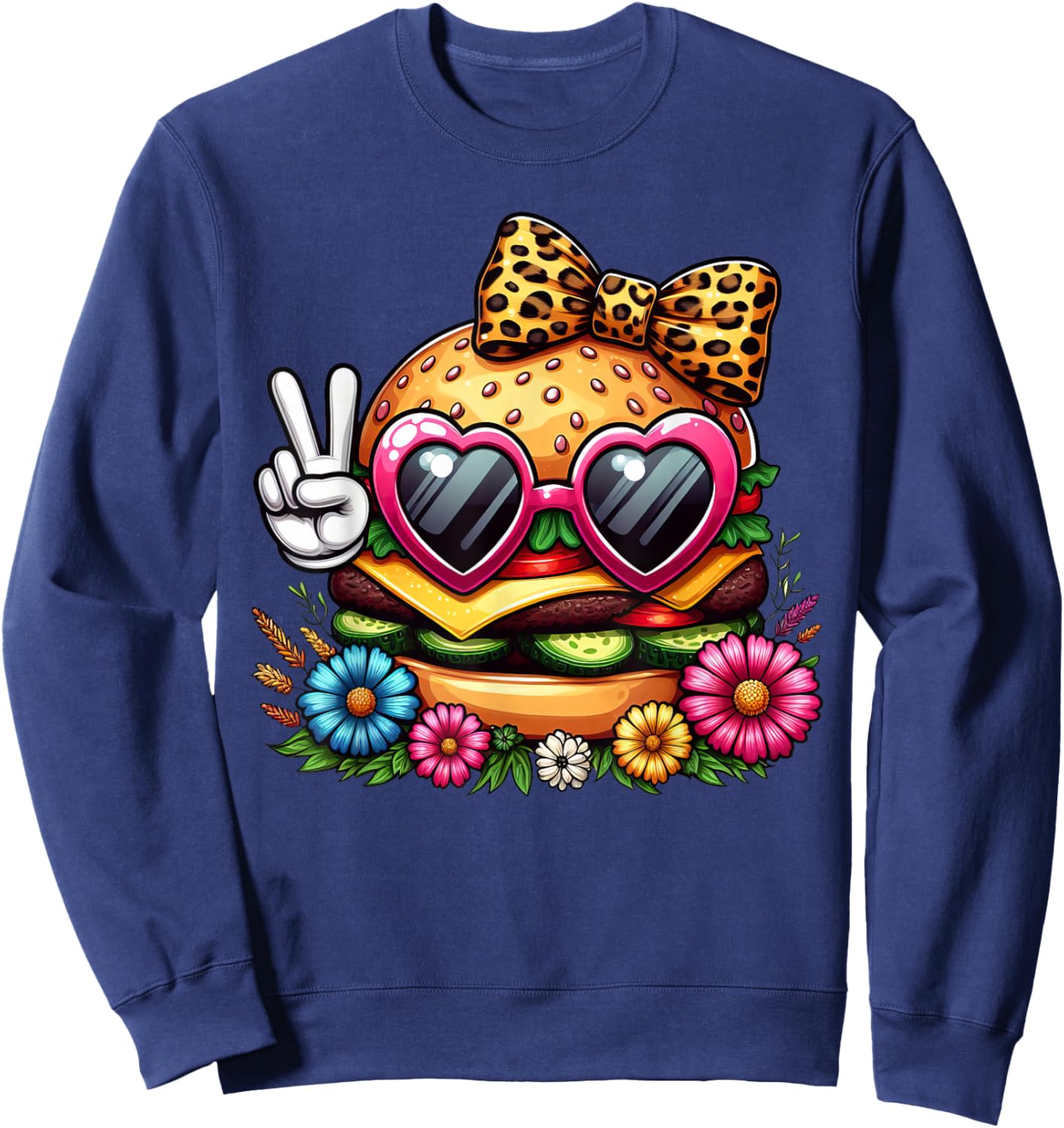 Funny Peace Hand Hamburger Mom Mothers Day Hamburger Sweatshirt - Sweatshirt | Navy