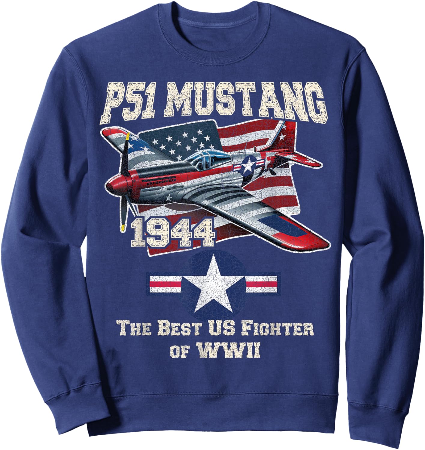 p51 mustang ww2 warbird plane American flag military Sweatshirt - Sweatshirt | Navy