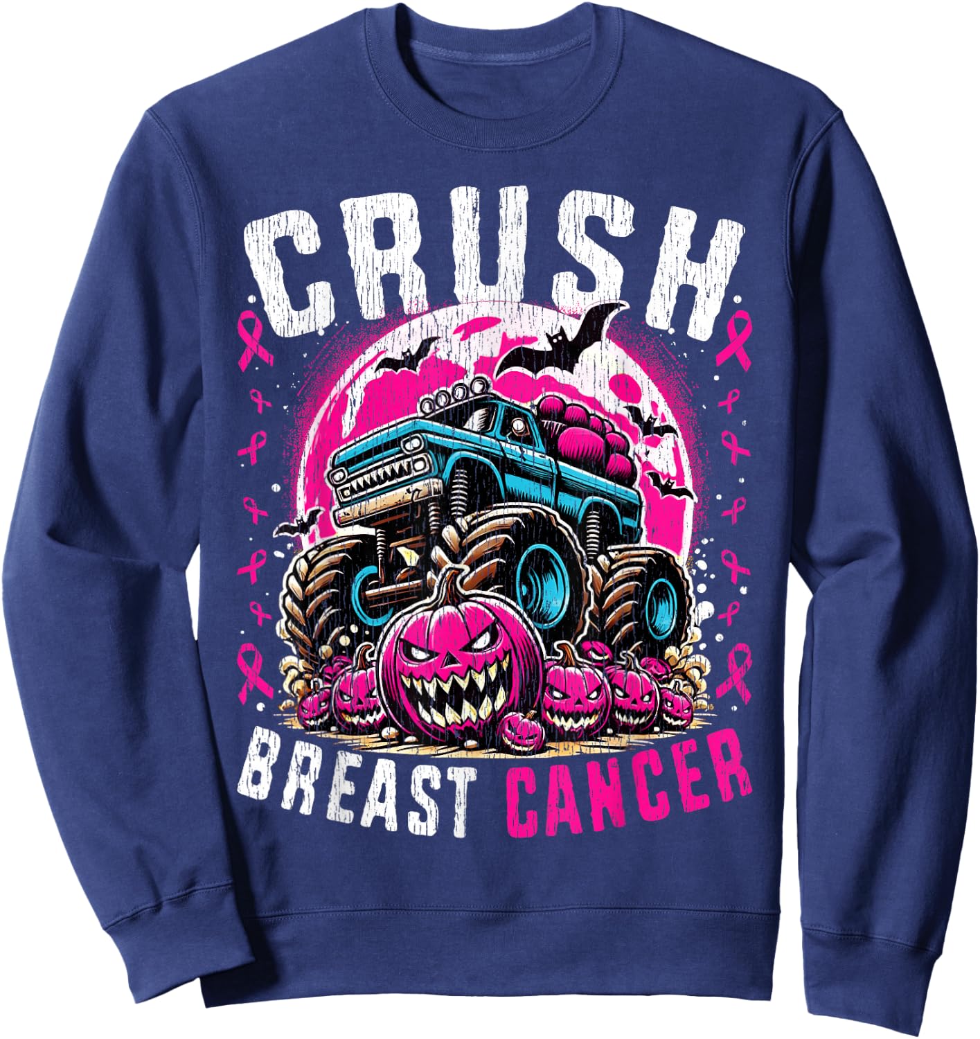 Breast Cancer Awareness Monster Truck Halloween Kids Toddler Sweatshirt - Sweatshirt | Navy