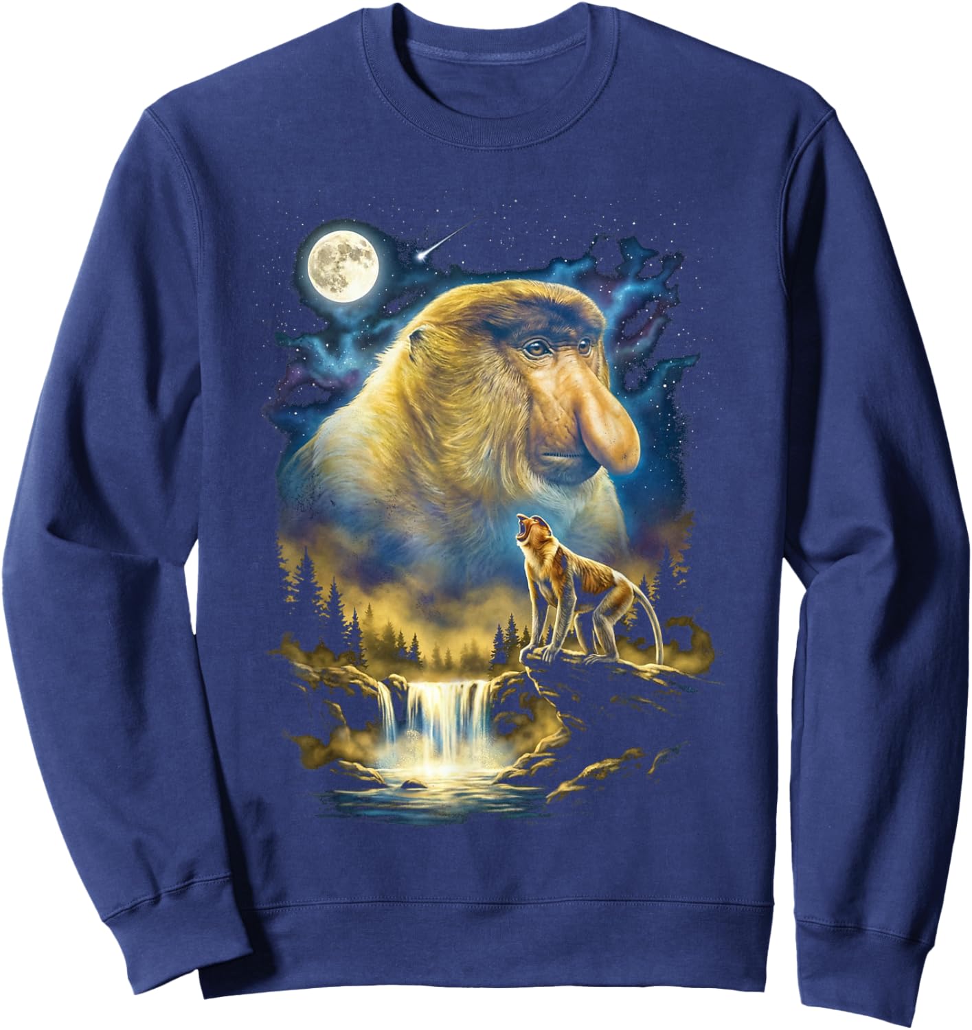 Monkey Howling to The Moon Meme Funny 90's Proboscis Monkey Sweatshirt - Sweatshirt | Navy