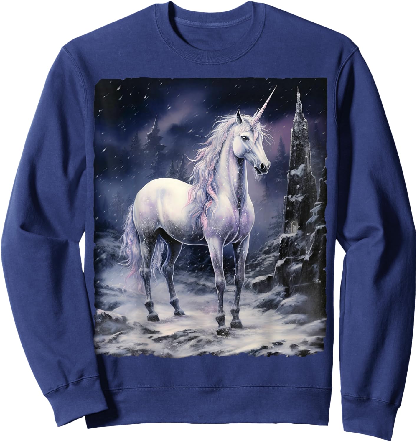 Fantasy white Unicorn standing on snowy mountain Sweatshirt - Sweatshirt | Navy