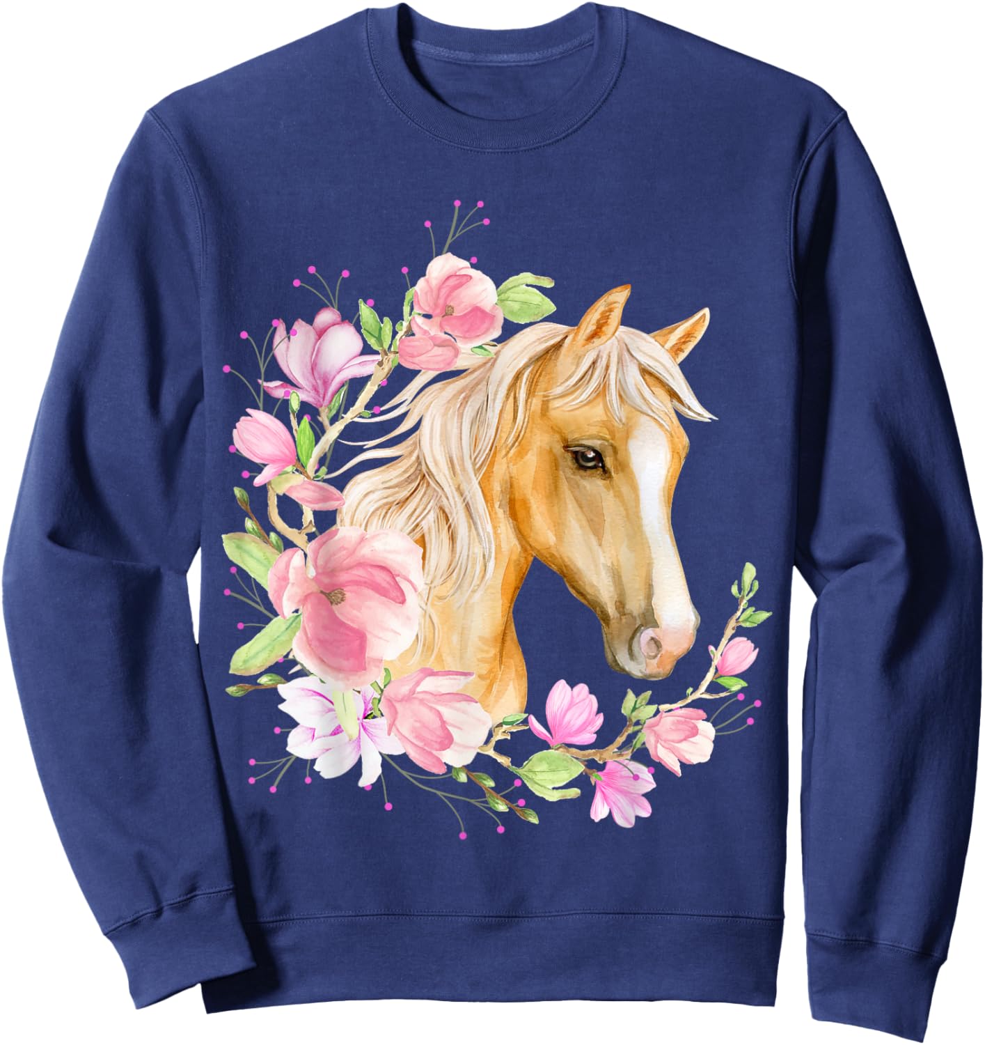 Palomino Horse, Magnolias, Horse Lovers, Blonde Horse Floral Sweatshirt - Sweatshirt | Navy