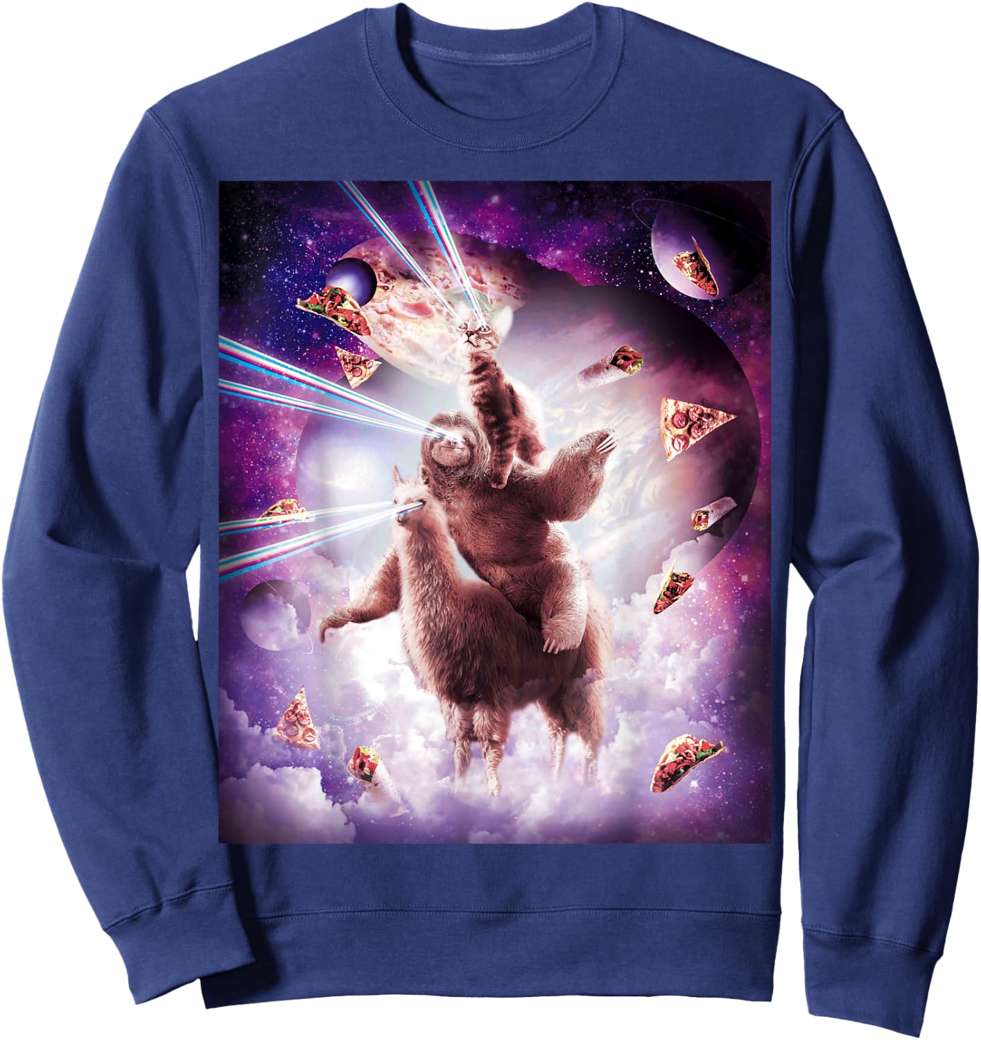 Laser Eyes Space Cat Riding Sloth, Llama - Rainbow Sweatshirt - Sweatshirt | Navy